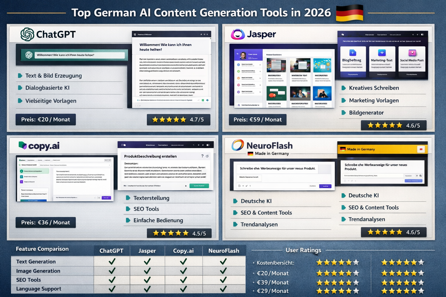Landscape format (1536x1024) detailed infographic showcasing top German AI content generation tools in 2026. Grid layout featuring tool logo - KI Content Generator Deutsch 3 Landscape format (1536x1024) detailed infographic showcasing top German AI content generation tools in 2026. Grid layout featuring tool logo