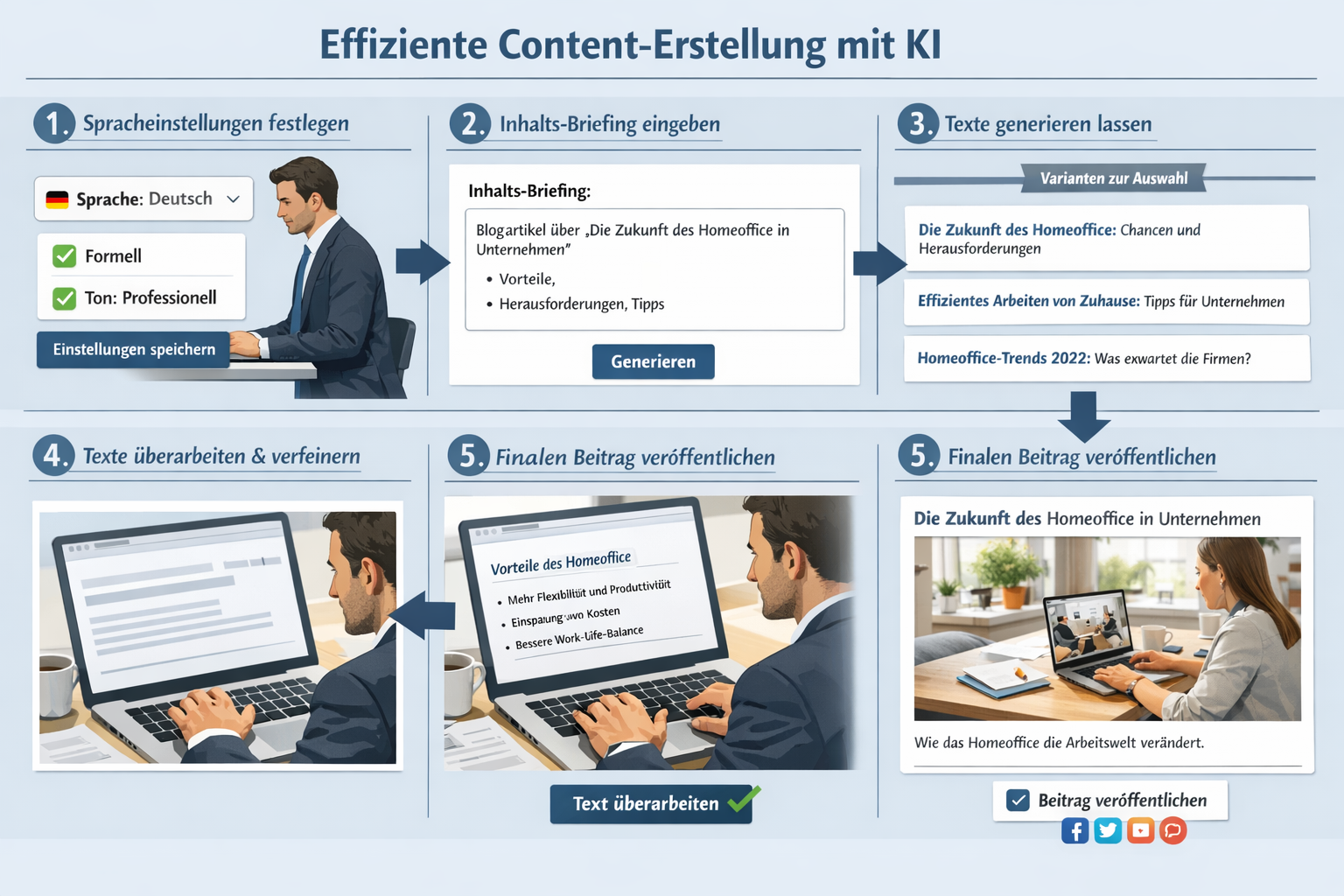 Landscape format (1536x1024) step-by-step visual guide showing German business professional using AI content generator workflow. Sequential - KI Content Generator Deutsch 32 Landscape format (1536x1024) step-by-step visual guide showing German business professional using AI content generator workflow. Sequential