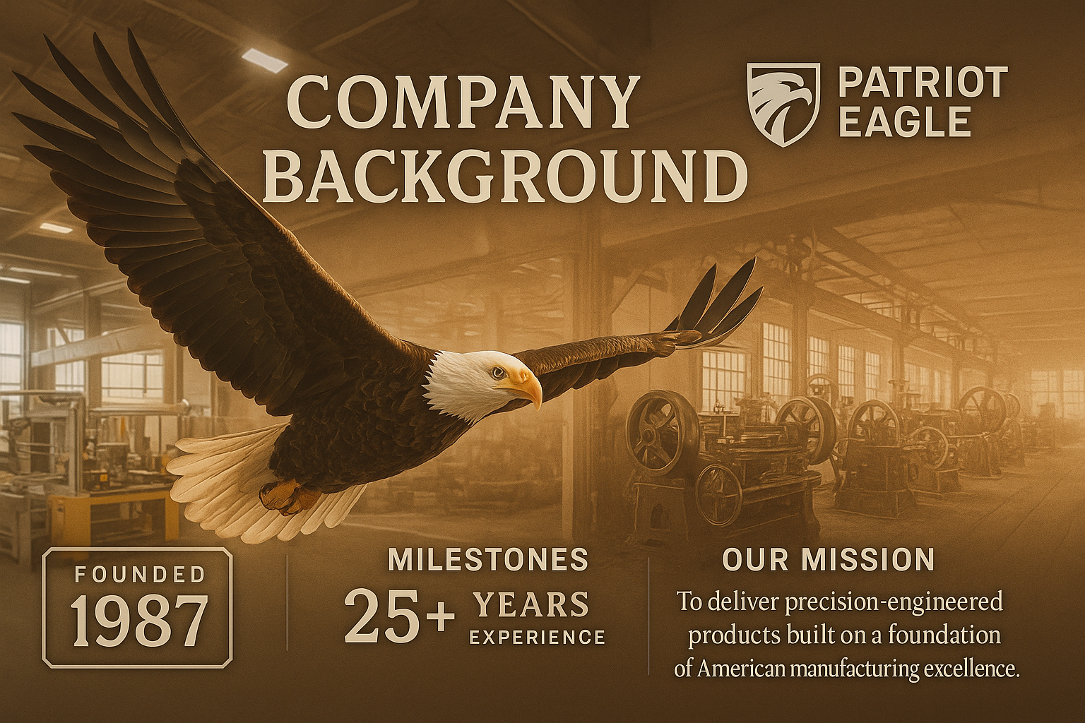 Company background section featuring a photorealistic eagle in flight against a backdrop of American industrial manufacturing landscape, sym