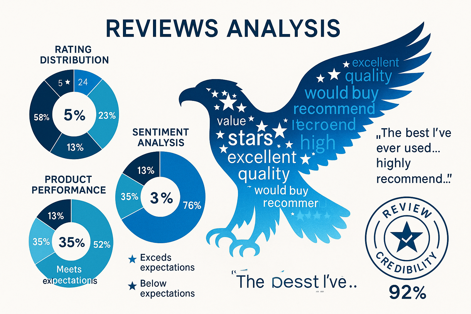 Comprehensive reviews analysis section with dynamic infographic displaying aggregated customer review data. Multiple overlapping circular ch