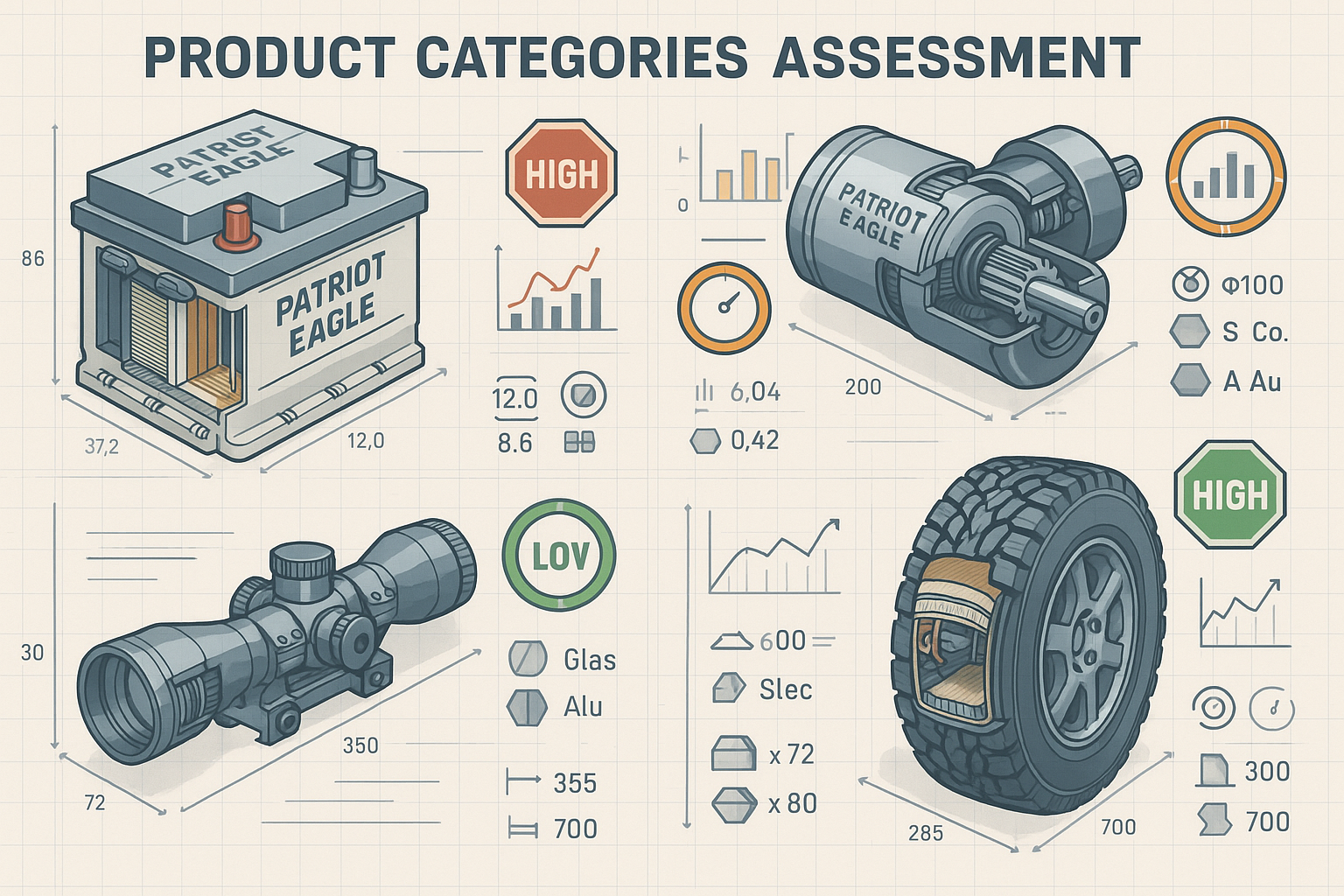 Product categories assessment section featuring a detailed technical illustration showcasing Patriot Eagle product lineup. Isometric product