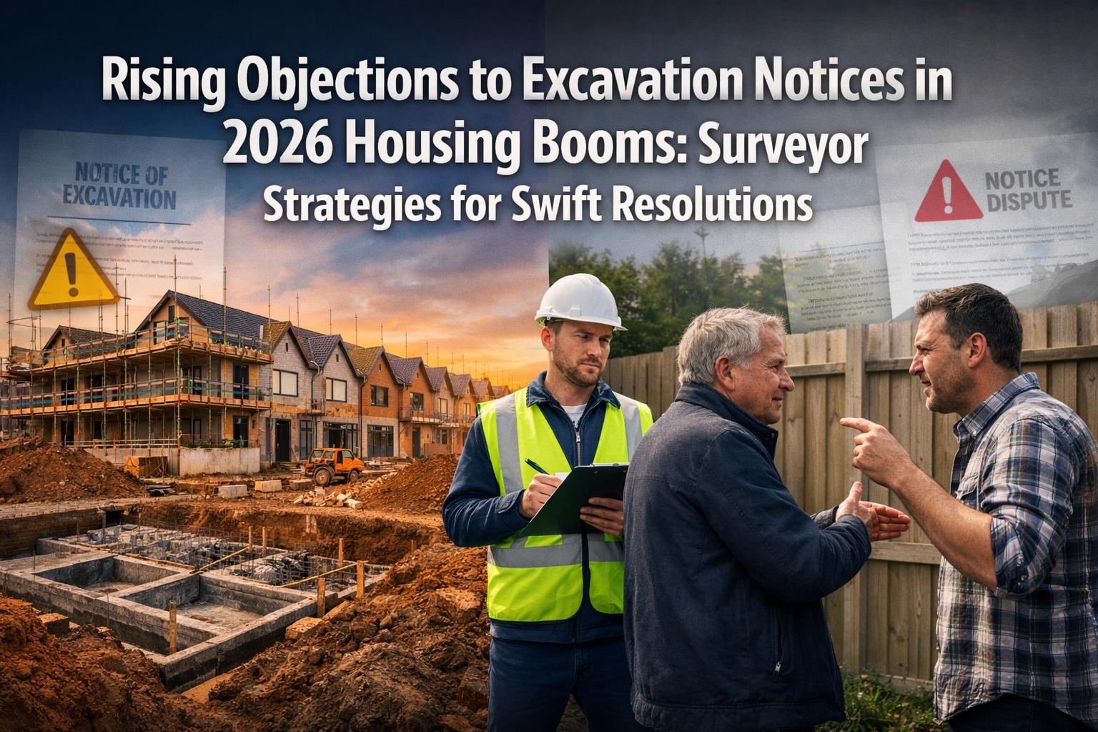 Professional () hero image featuring 'Rising Objections to Excavation Notices in 2026 Housing Booms: Surveyor Strategies for