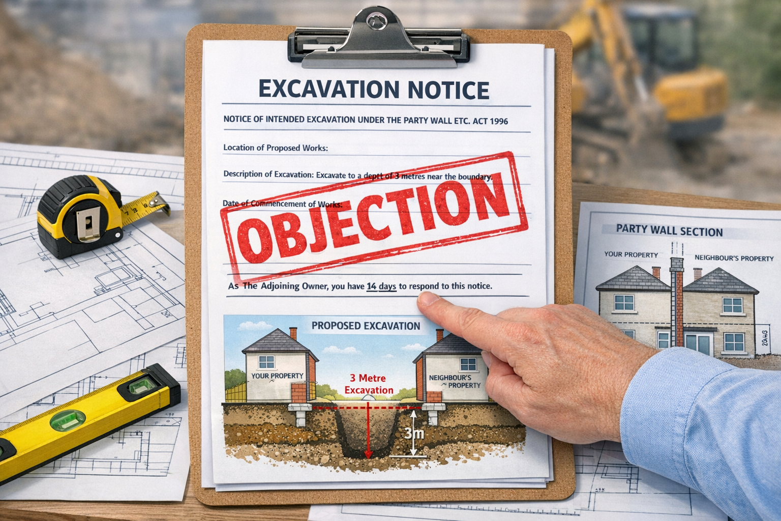 Detailed () image showing close-up view of official excavation notice document on clipboard with red 'OBJECTION' stamp ,