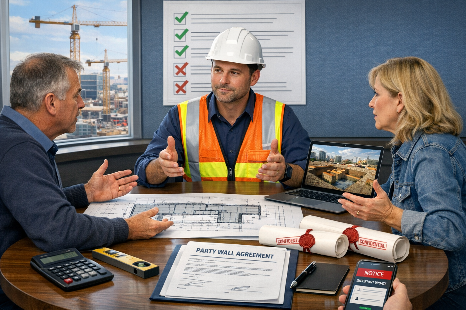 Wide-angle () photograph of professional surveyor in high-visibility vest conducting mediation meeting between two property