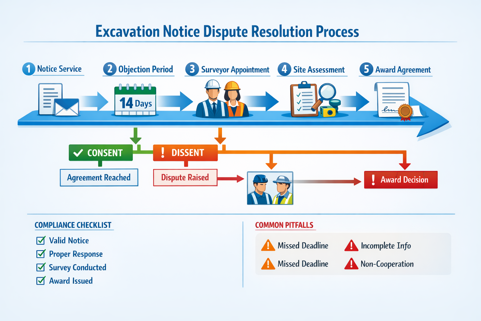 Detailed () infographic-style image showing step-by-step visual flowchart for excavation notice dispute resolution process.