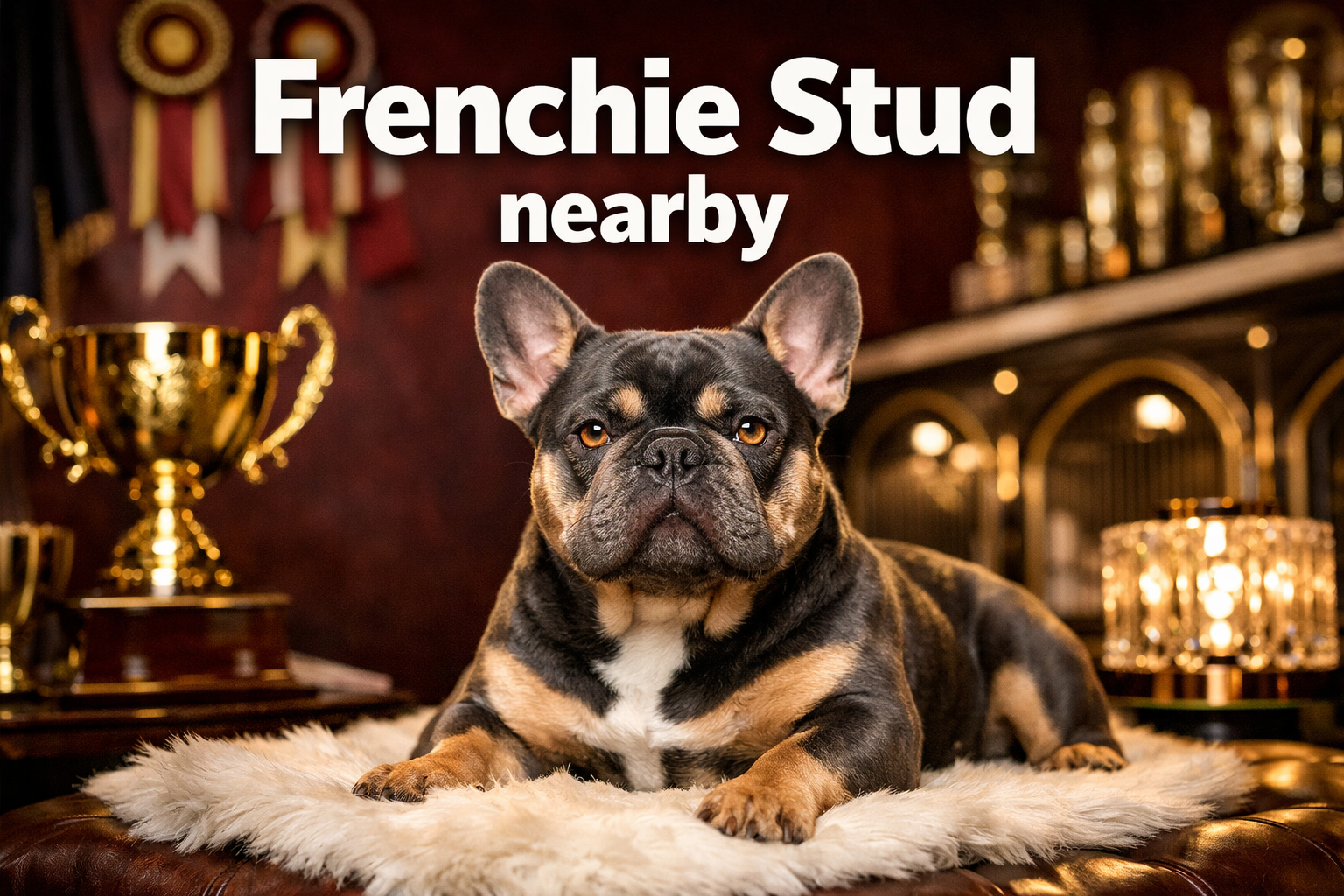 Professional landscape format (1536x1024) hero image featuring bold text overlay 'Frenchie Stud nearby' in extra large 72pt white sans-serif