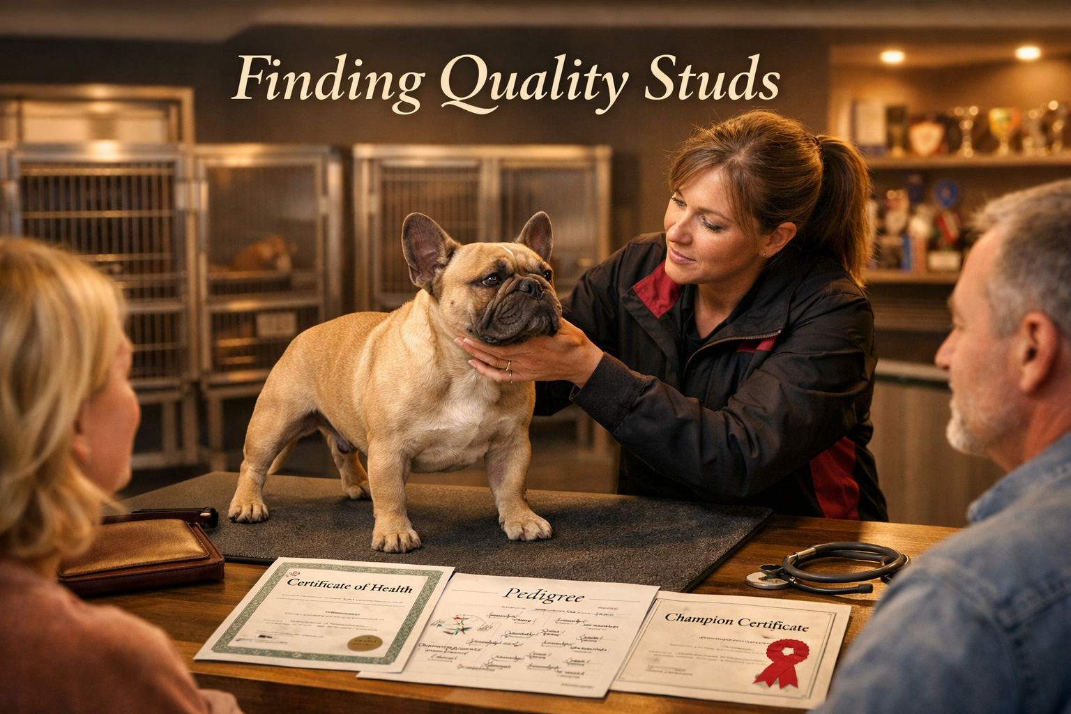 Landscape format (1536x1024) image showing French Bulldog breeder consultation scene with professional handler examining champion stud dog's