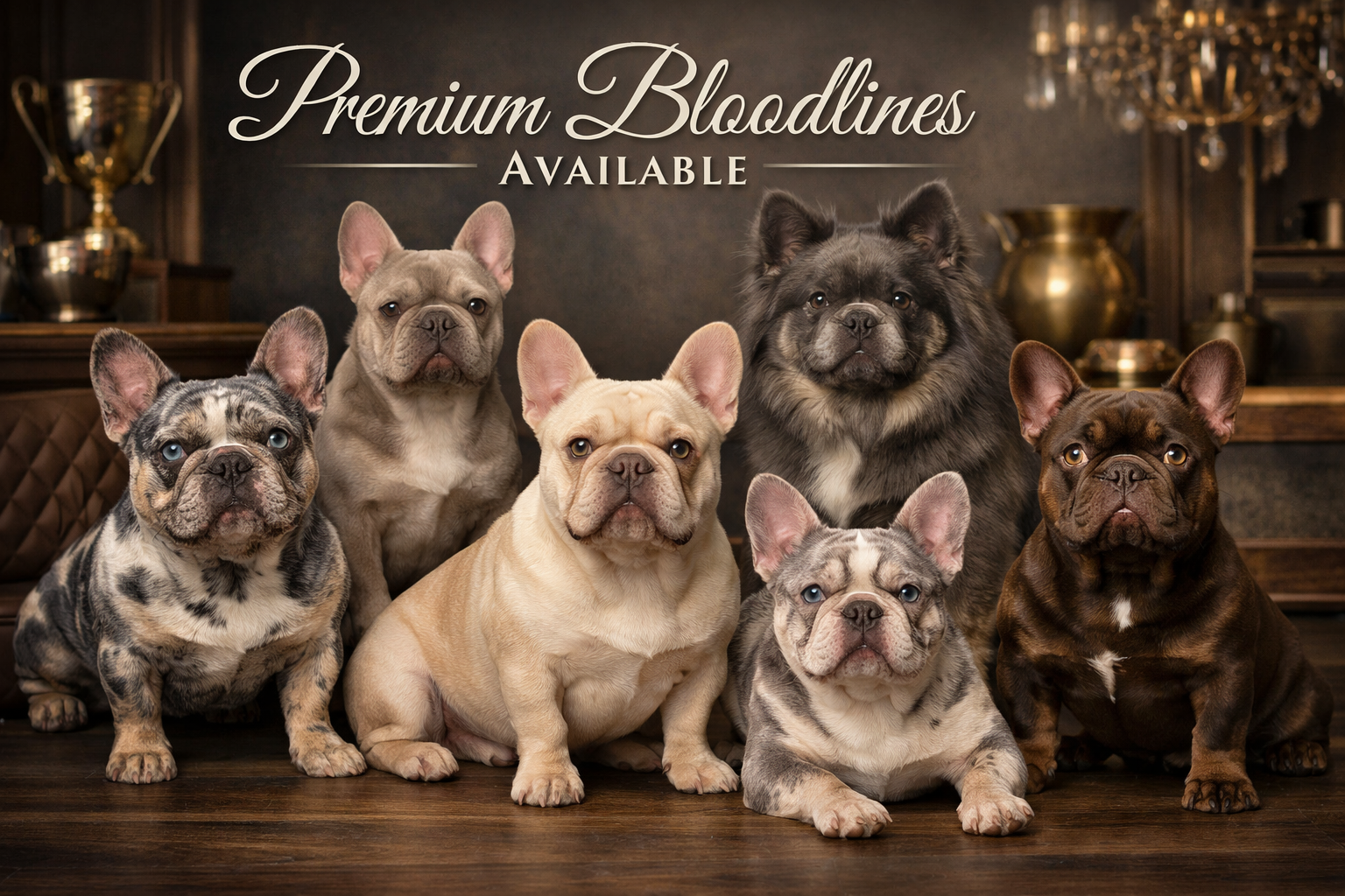 Landscape format (1536x1024) image displaying various exotic colored French Bulldog studs including blue merle, isabella, lilac, and fluffy 