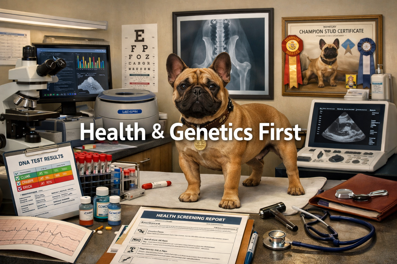 Landscape format (1536x1024) image of French Bulldog breeding evaluation process showing health testing equipment, DNA analysis results, vet