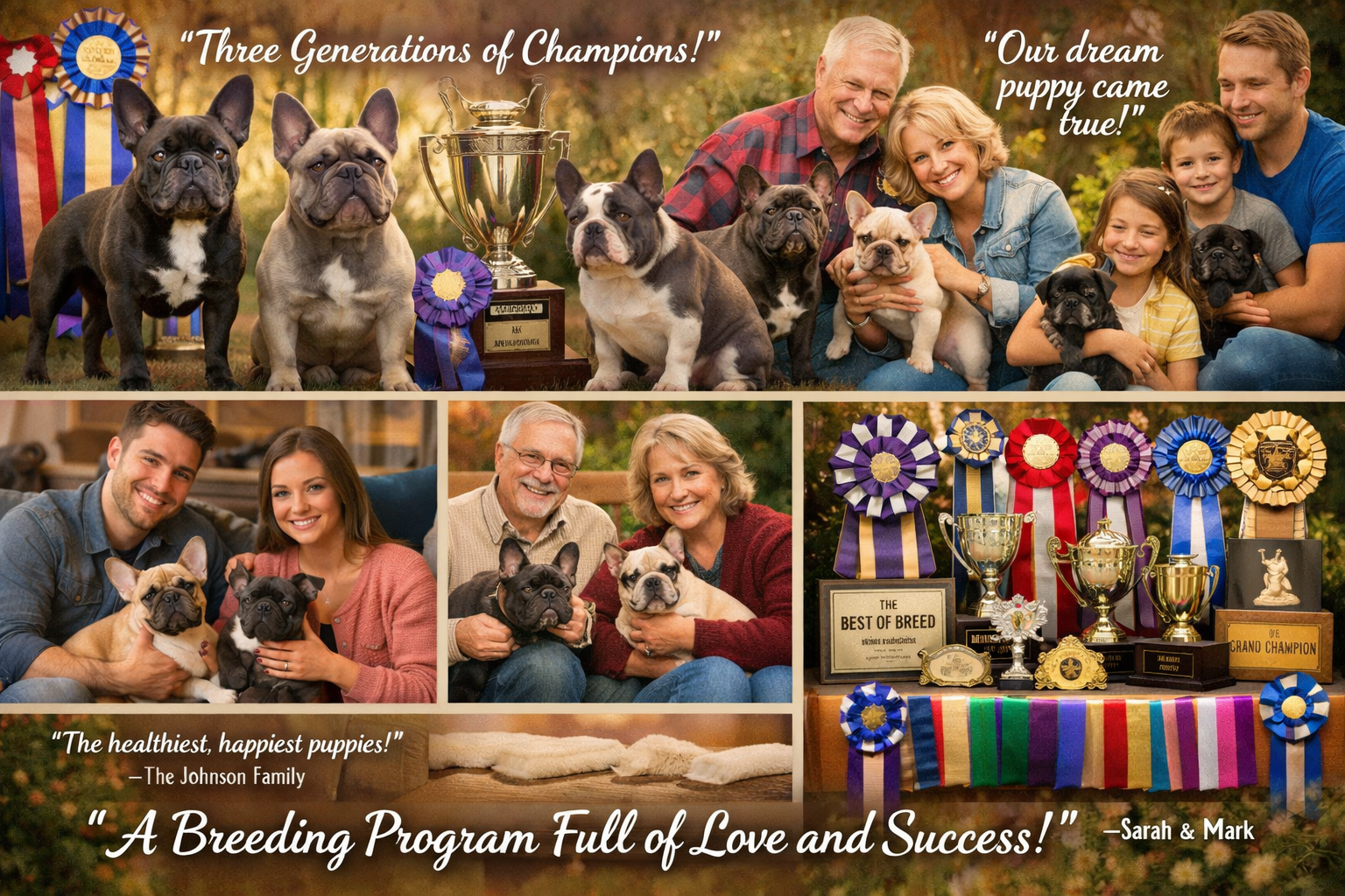 Landscape format (1536x1024) image featuring successful French Bulldog breeding program results with multiple generations of champion dogs, 