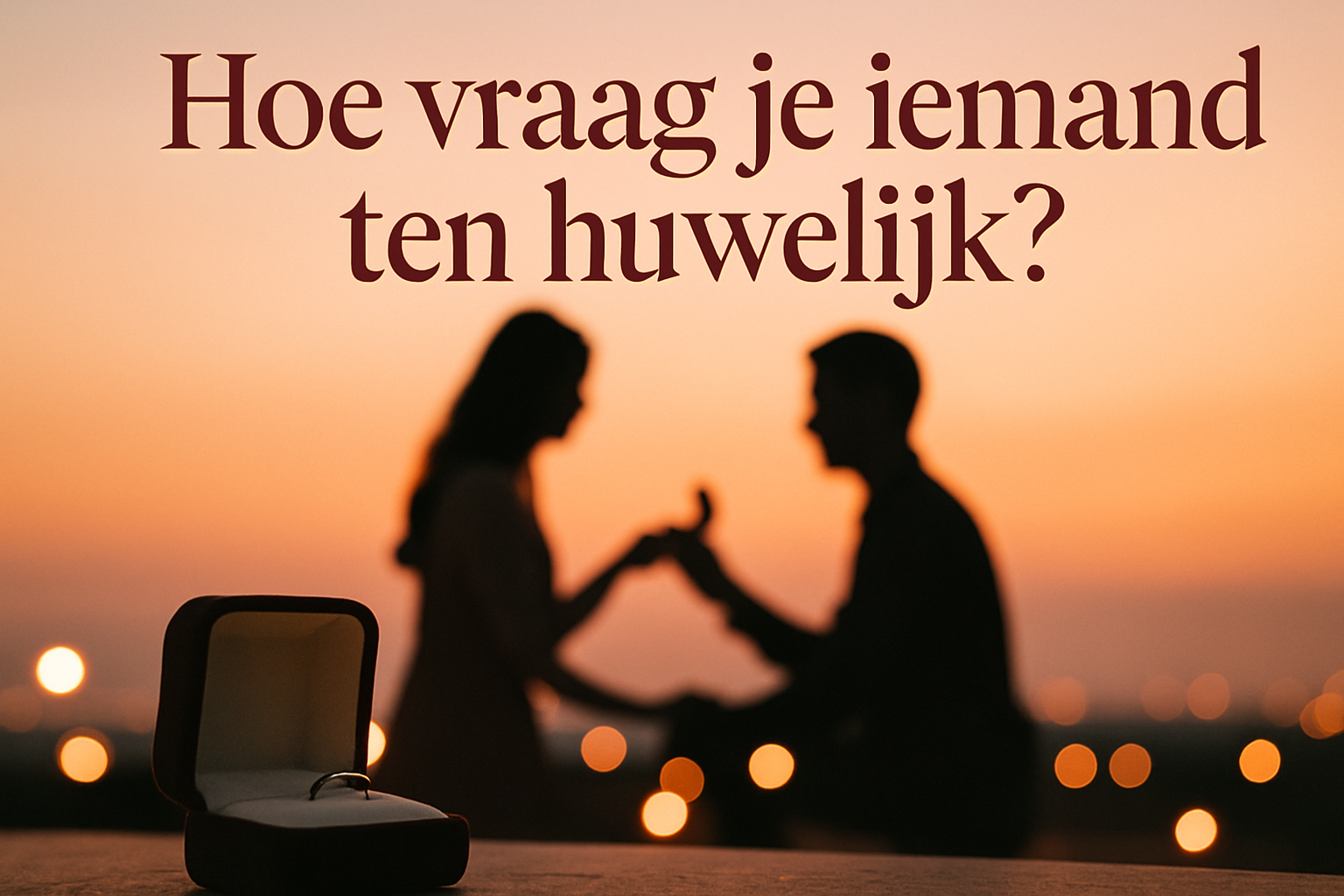 Professional landscape hero image (1536x1024) featuring bold text overlay "Hoe vraag je iemand ten huwelijk?" in extra large 72pt elegant se