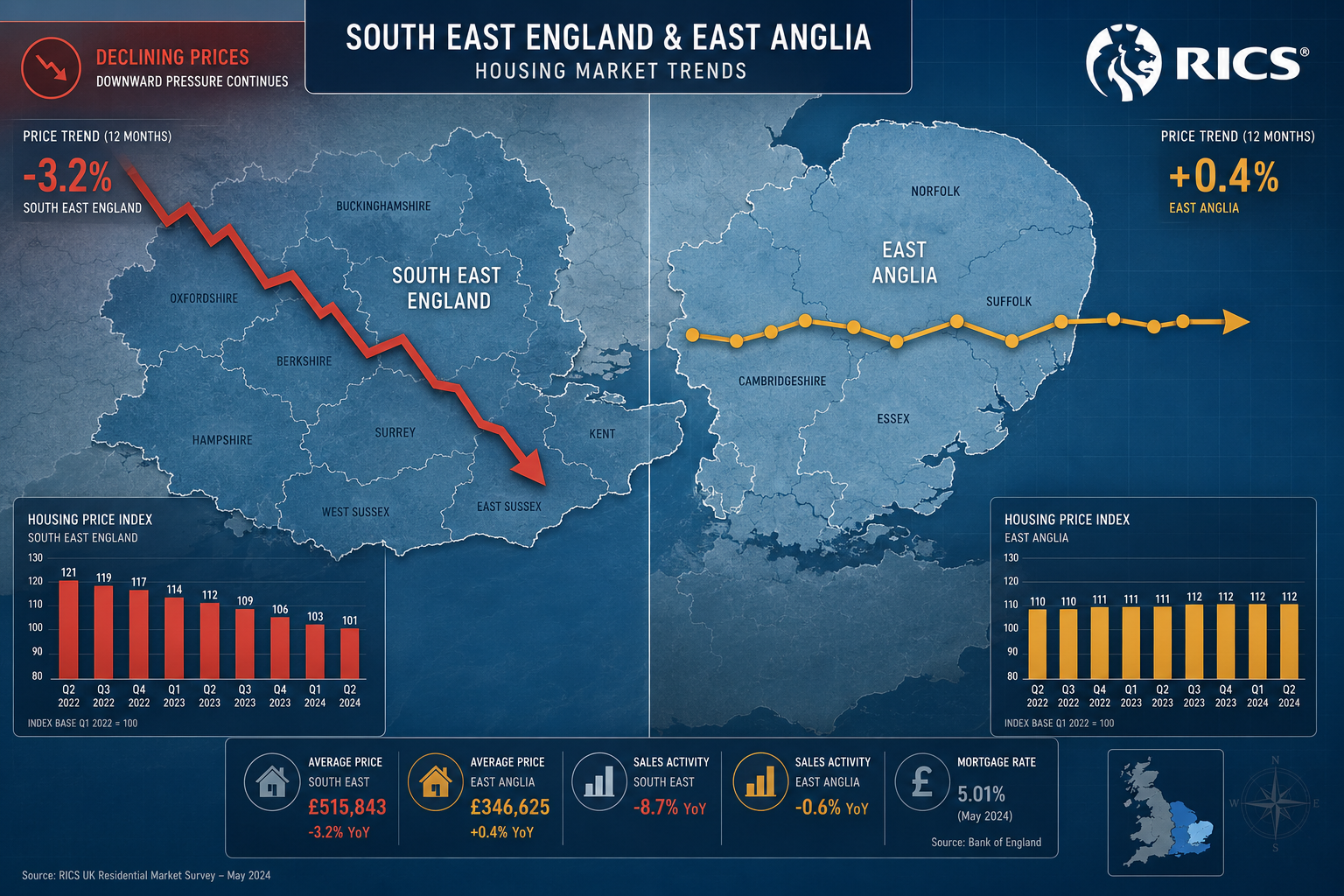Wide-angle editorial illustration showing a split-screen comparison map of South East England and East Anglia regions with