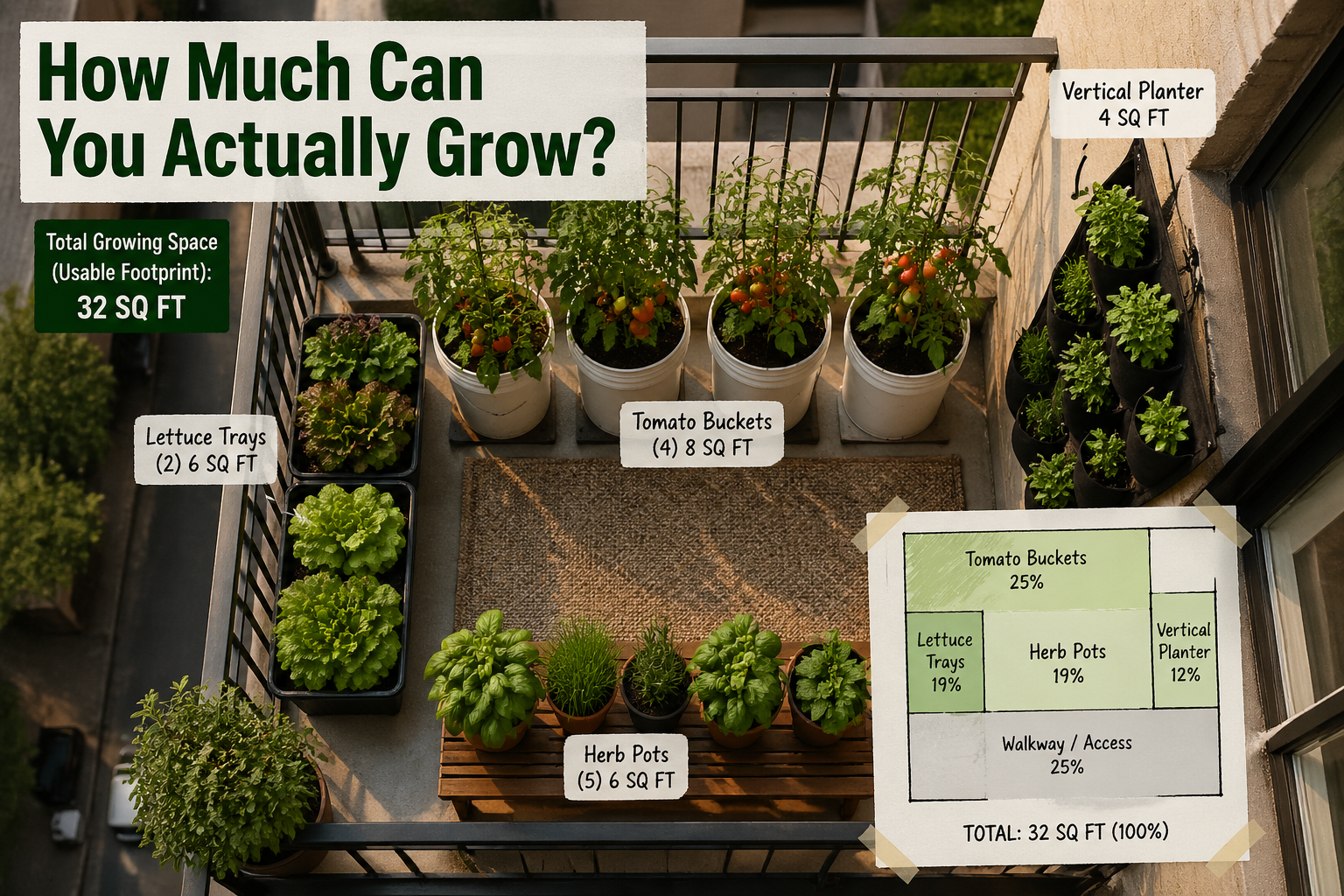 Aerial flat-lay photograph () of a small apartment balcony garden setup showing measured square footage with labeled