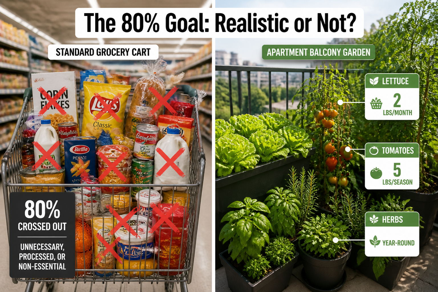 Split-composition infographic photograph () showing left side: a standard grocery cart with 80% of items crossed out, right