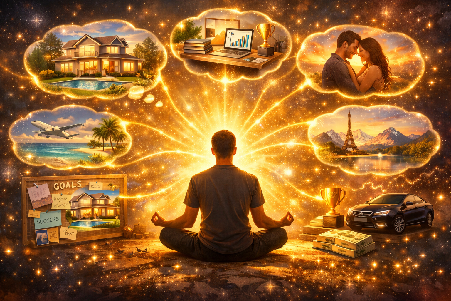 () illustration showing a person sitting in meditation pose surrounded by floating thought bubbles containing clear visual