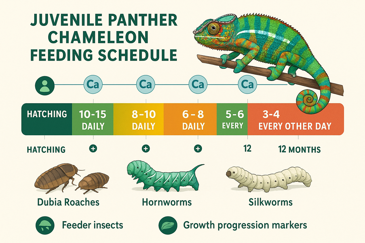 Detailed infographic showing juvenile panther chameleon feeding schedule with colorful timeline chart displaying daily feeding requirements