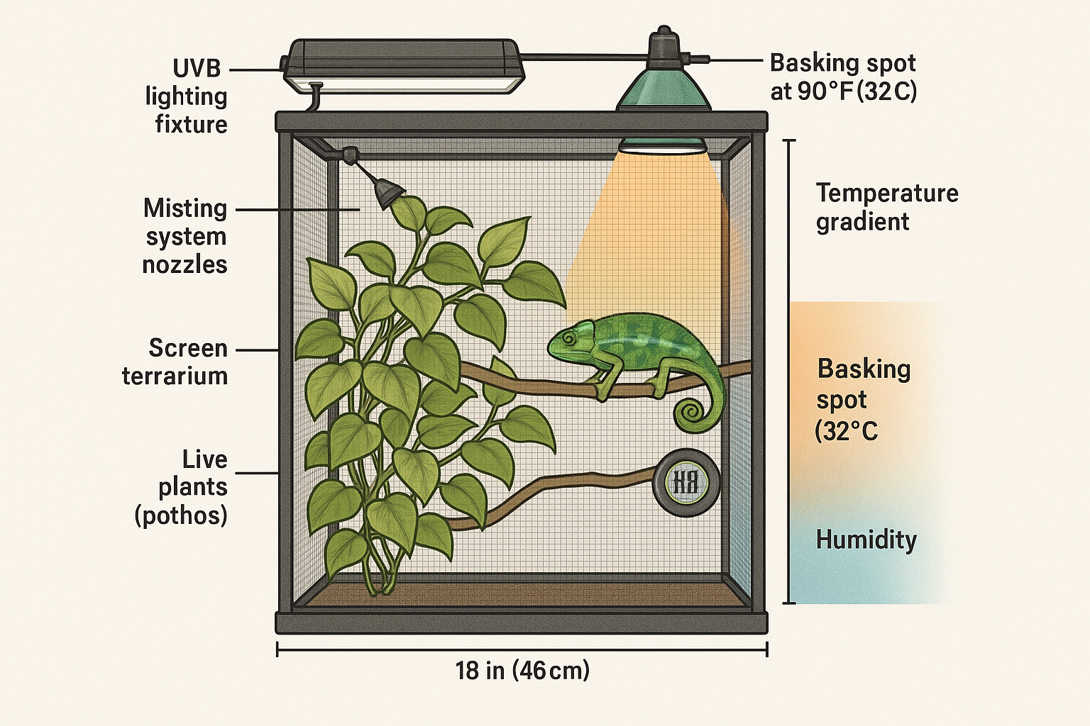 Comprehensive habitat setup diagram showing cross-section view of ideal juvenile panther chameleon enclosure with labeled components: screen
