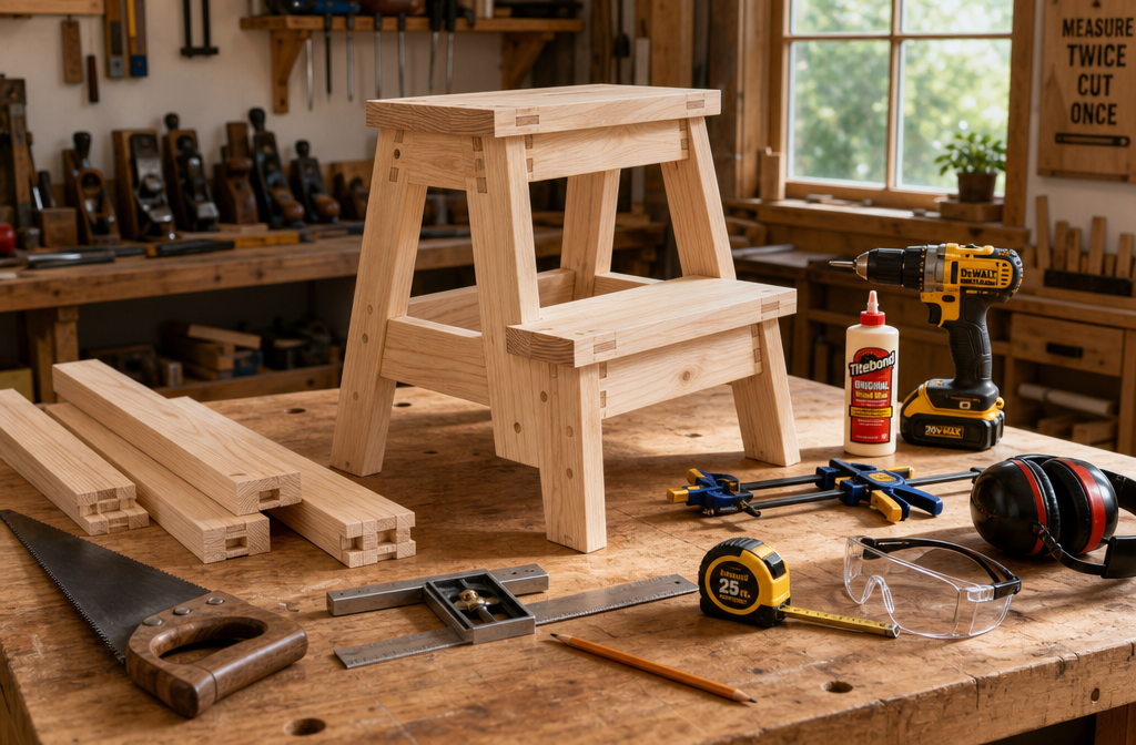 Detailed () image illustrating a workbench setup for step stool construction. A partially assembled wooden step stool sits