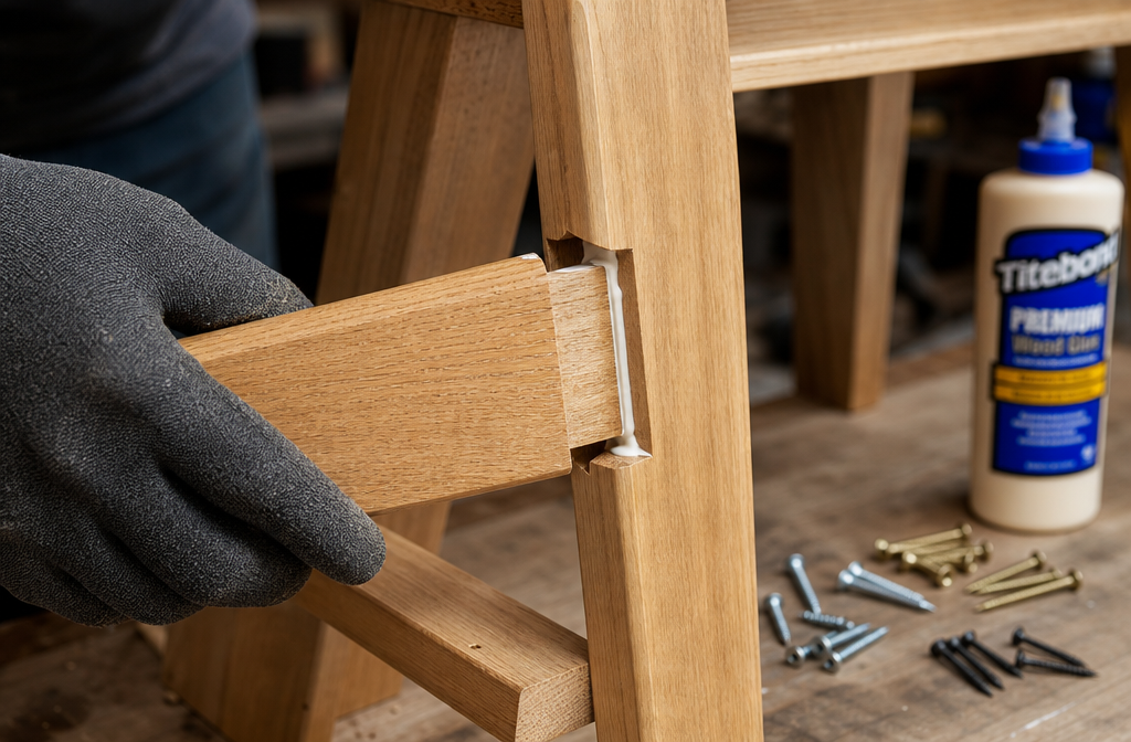 Detailed () image focusing on the process of assembling a wooden step stool with a close-up on a mortise and tenon joint