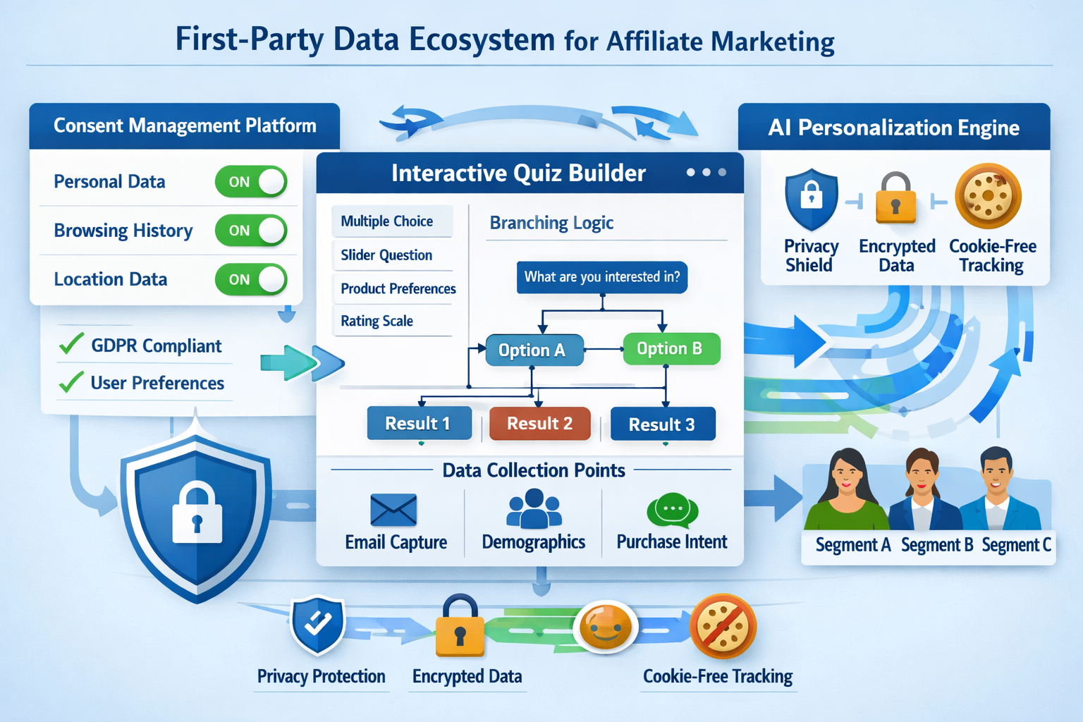 Landscape format (1536x1024) editorial illustration showing comprehensive first-party data ecosystem for affiliate marketing. Central focus 