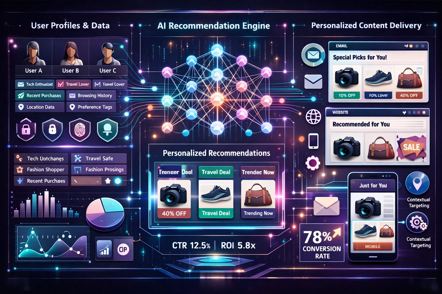Landscape format (1536x1024) detailed visualization of AI-powered personalization workflow in action. Split-screen composition showing left 