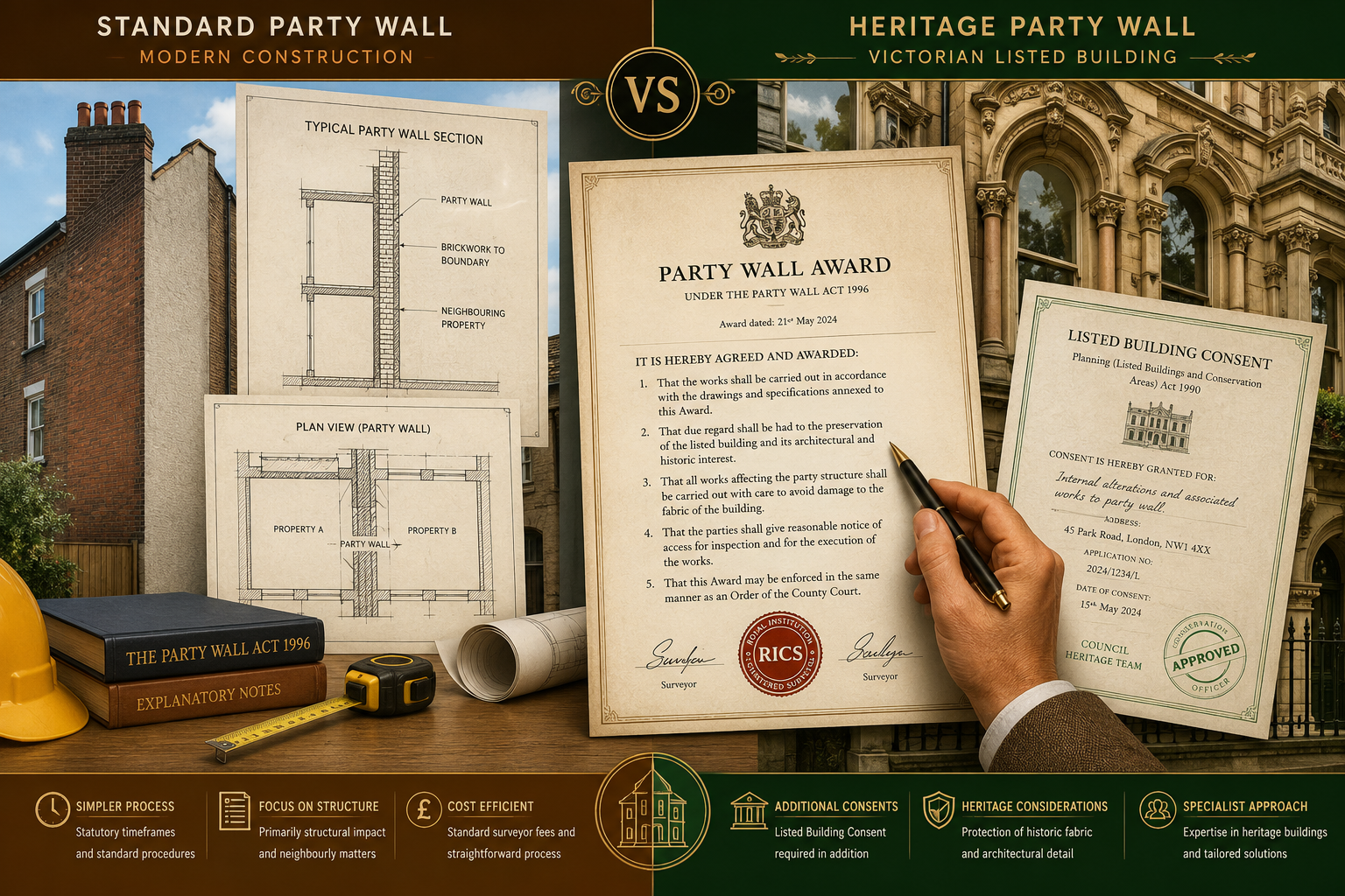 Detailed () editorial illustration showing a split-scene comparison: left side displays a standard modern brick party wall