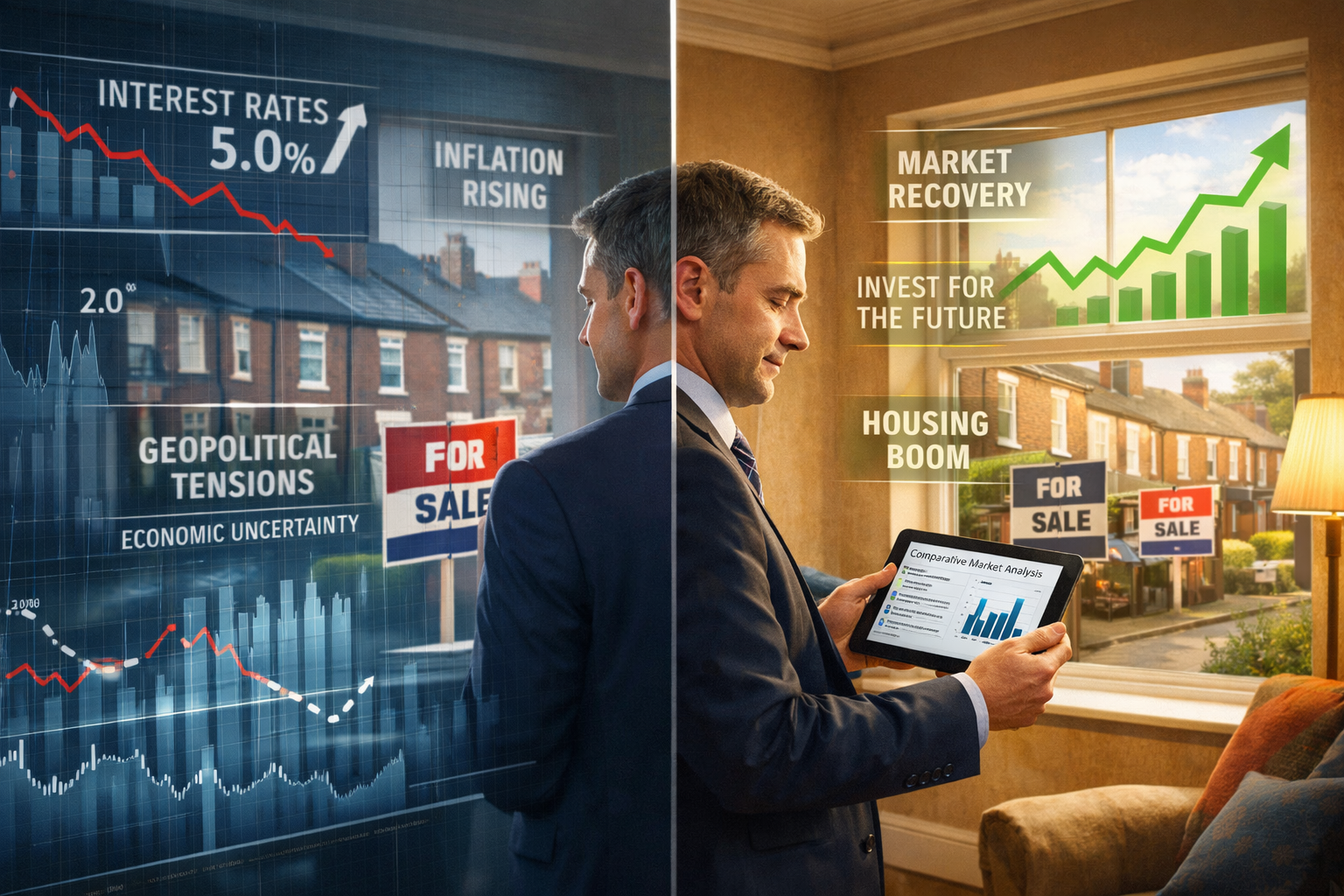 () conceptual illustration showing property valuation process during uncertain times: professional RICS surveyor in business