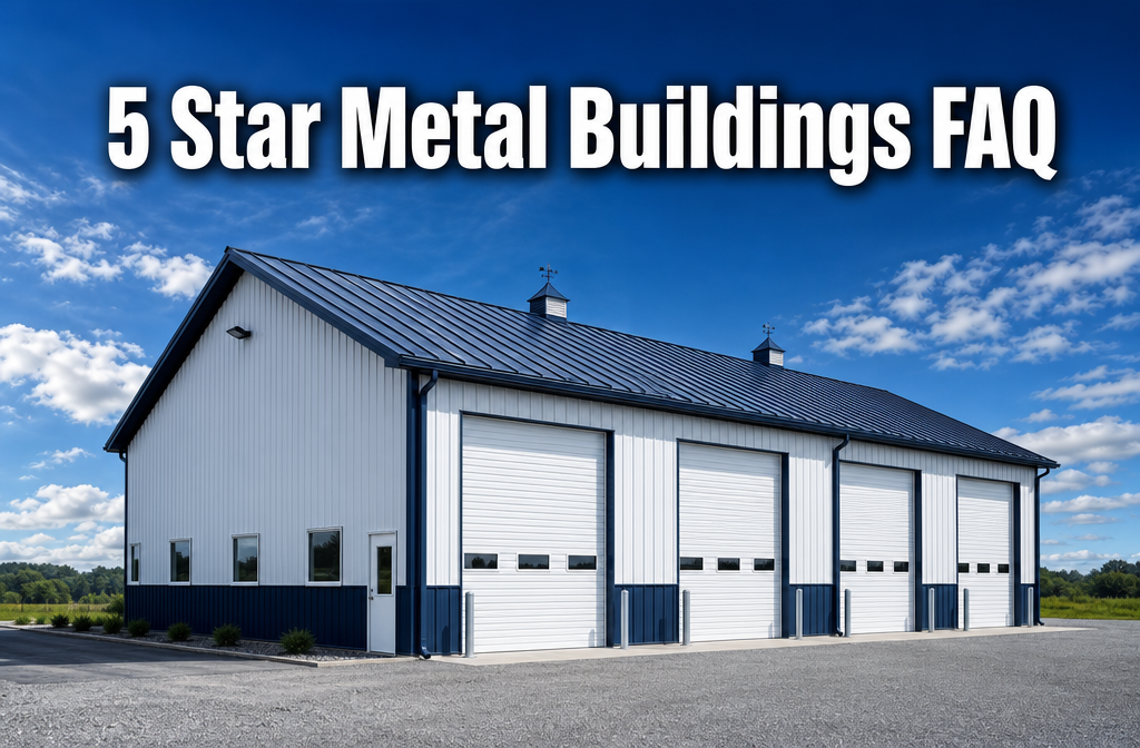 Professional () hero image featuring '5 Star Metal Buildings FAQ' in extra large white with dark drop , centered in upper