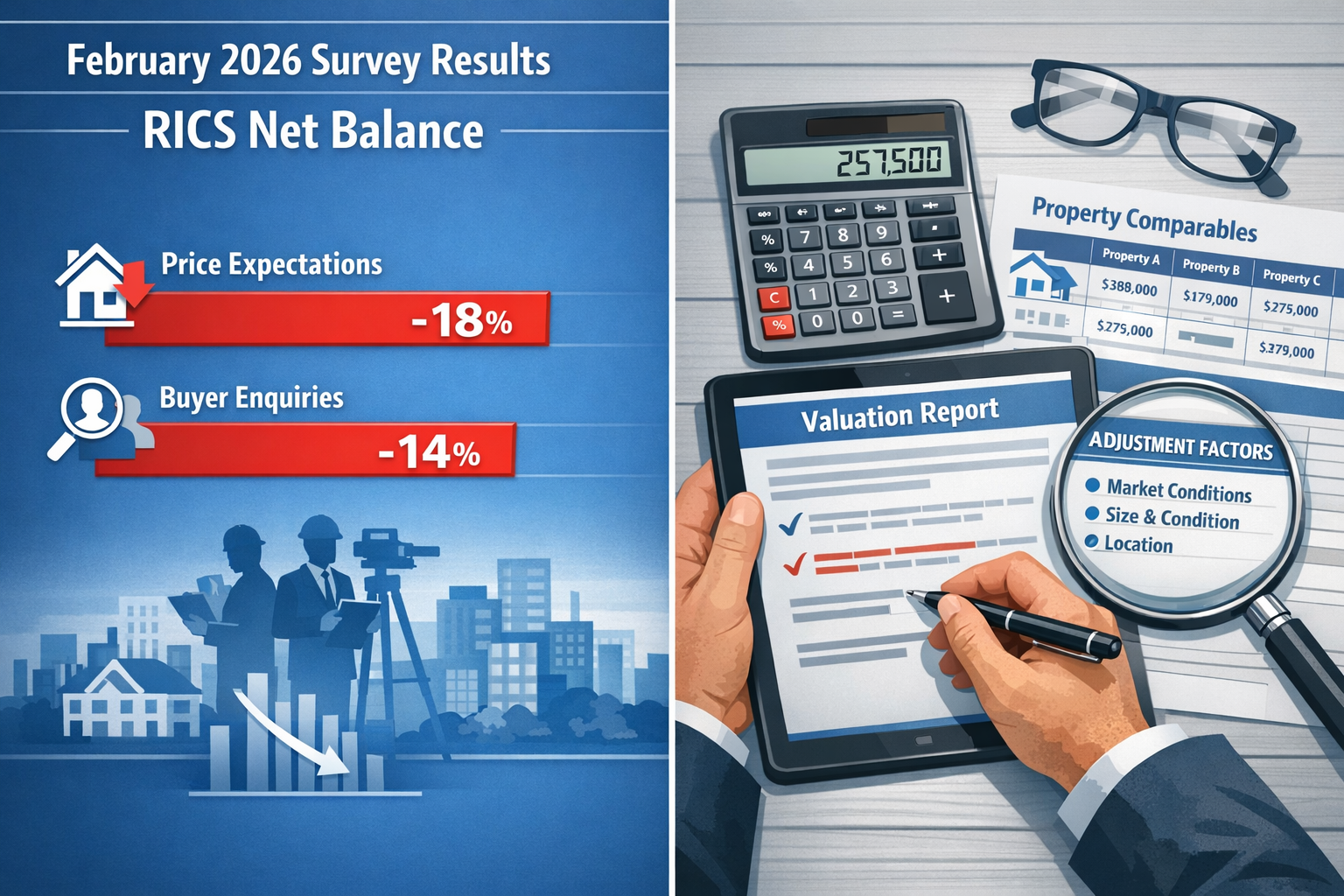 () detailed infographic showing RICS net balance methodology with split-screen composition: left panel displays February