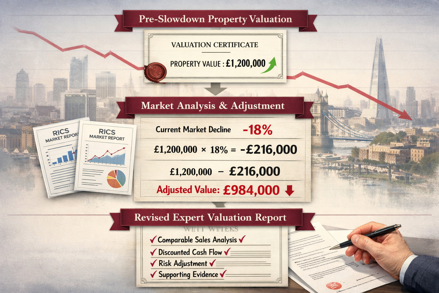 () conceptual illustration of valuation adjustment process showing three-tier flowchart: top tier displays pre-slowdown