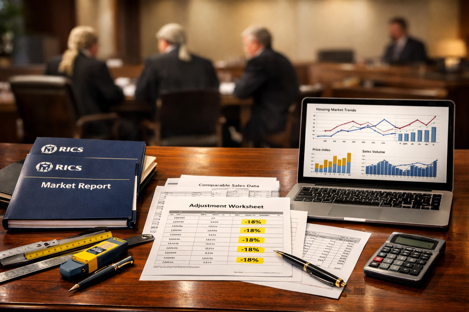 () professional scene showing expert witness preparation for litigation: foreground displays organized desk with multiple