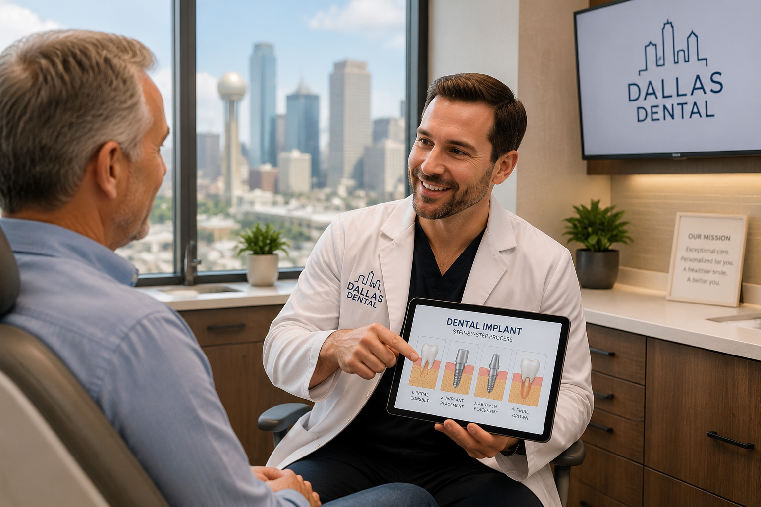 A reassuring scene in () showing a patient consulting with a dental professional in a modern, well-lit Dallas dental office.