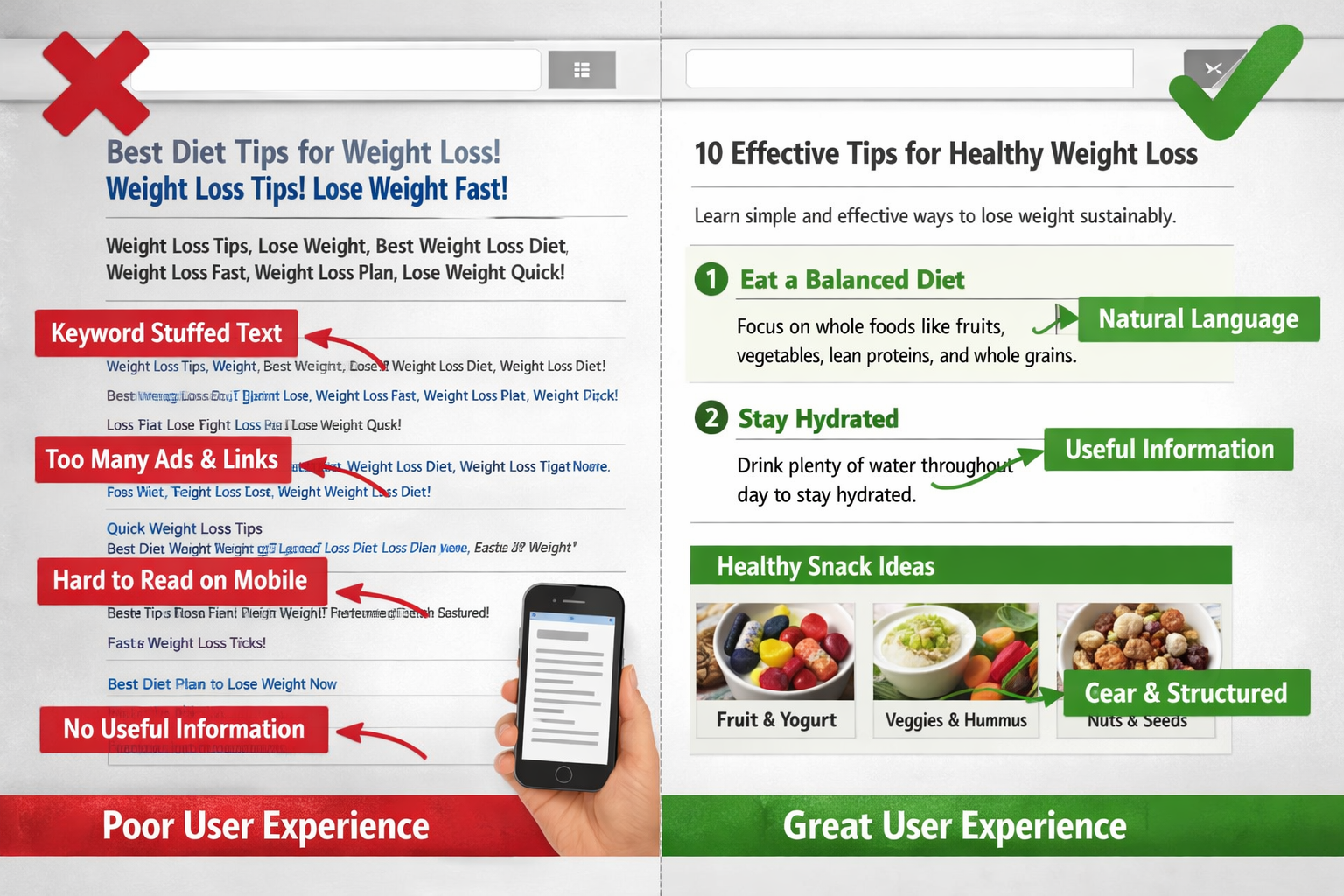 Landscape format (1536x1024) split-screen comparison showing search results page transformation from keyword-stuffed low-quality page (left,