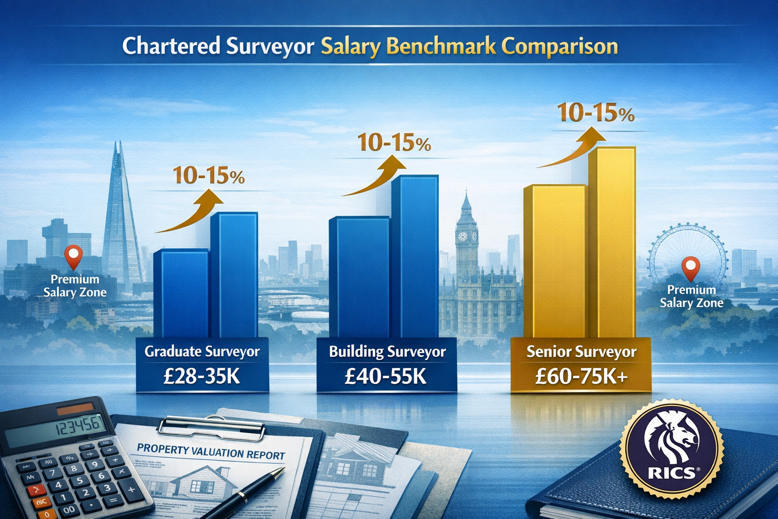 Detailed () infographic-style image showing comprehensive salary benchmark comparison chart for chartered surveyors across