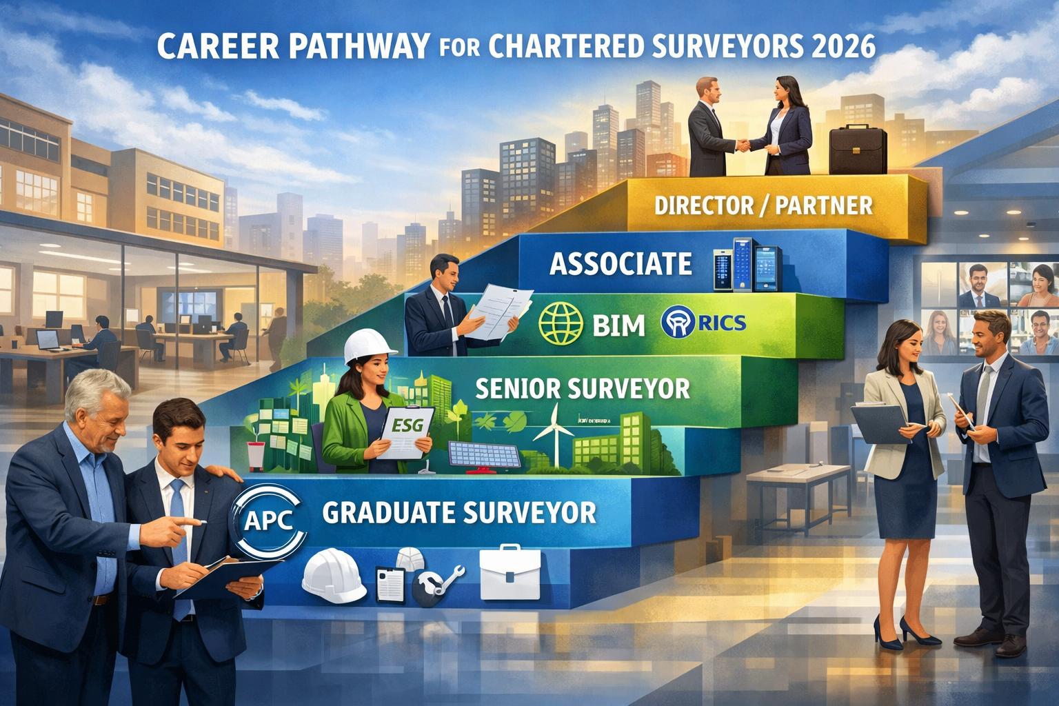 Detailed () conceptual illustration depicting career progression pathway for chartered surveyors in 2026. Visual shows