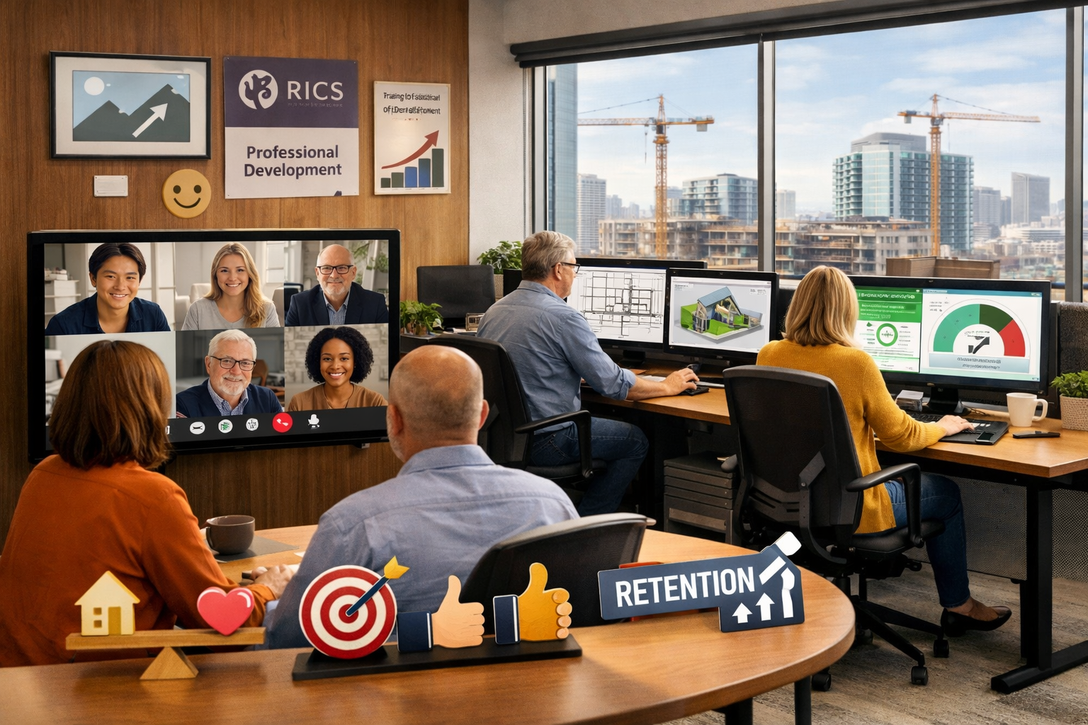 Detailed () modern workplace environment photograph showing hybrid working arrangement in real estate surveying context.