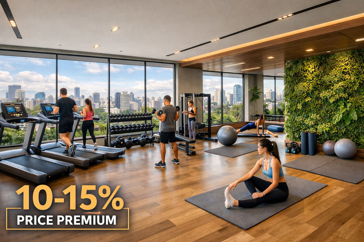 Wide-angle editorial photograph of a sleek modern gym inside a São Paulo mid-tier condominium development, featuring