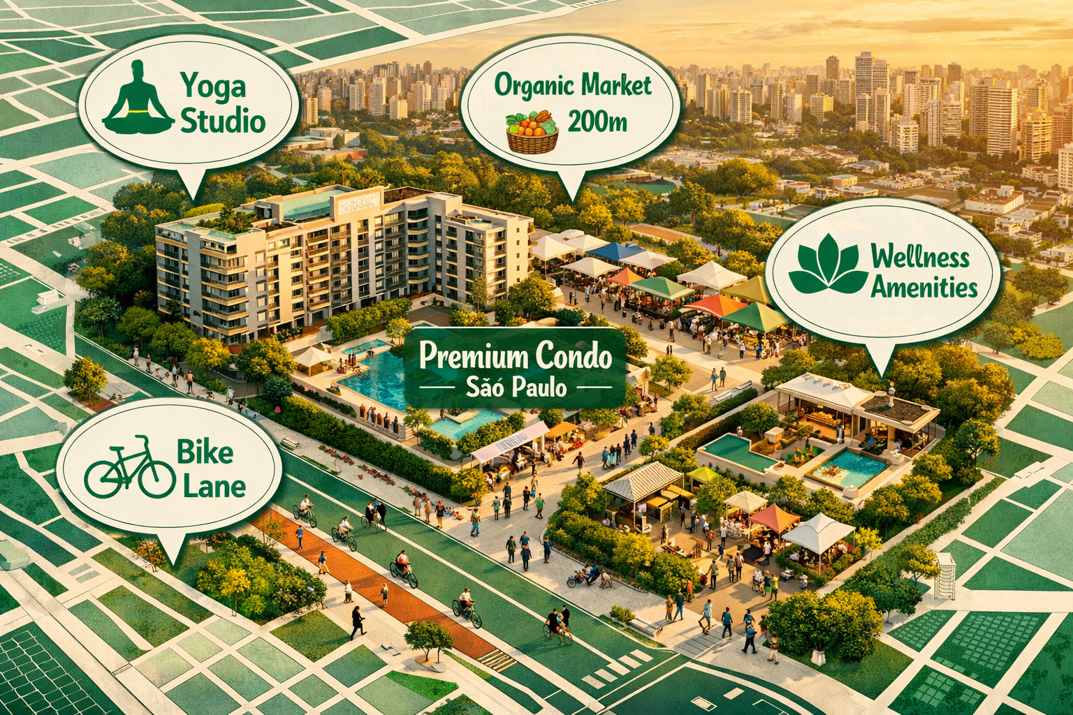 Aerial bird's-eye view of a São Paulo residential neighborhood showing a premium condo complex surrounded by organic farmers