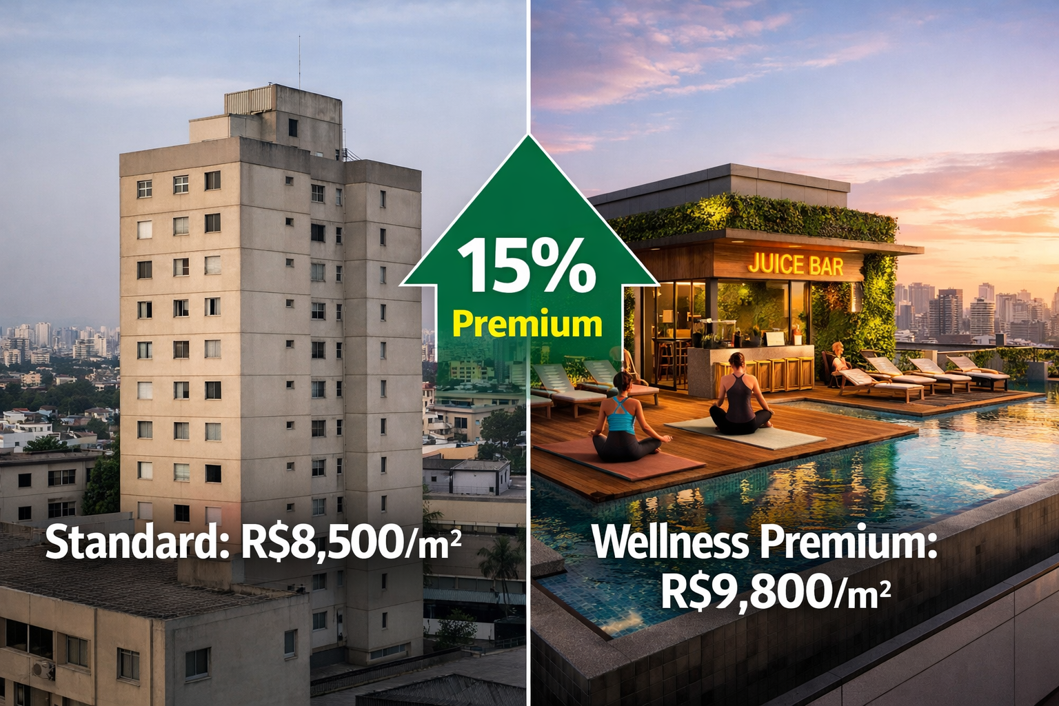 Split-composition editorial image contrasting two São Paulo condominiums side by side: left side shows a standard apartment