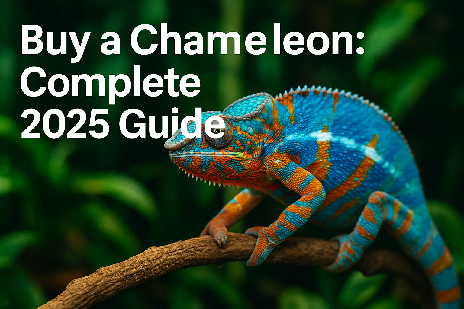 Professional landscape hero image (1536x1024) featuring bold text overlay 'Buy a Chameleon: Complete 2025 Guide' in extra large 72pt white s