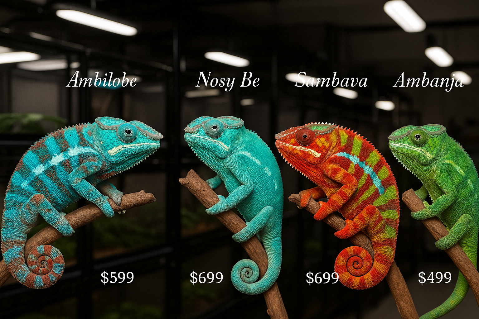 Detailed landscape image (1536x1024) showing multiple panther chameleon locale variations side by side - Ambilobe with blue bars, Nosy Be wi