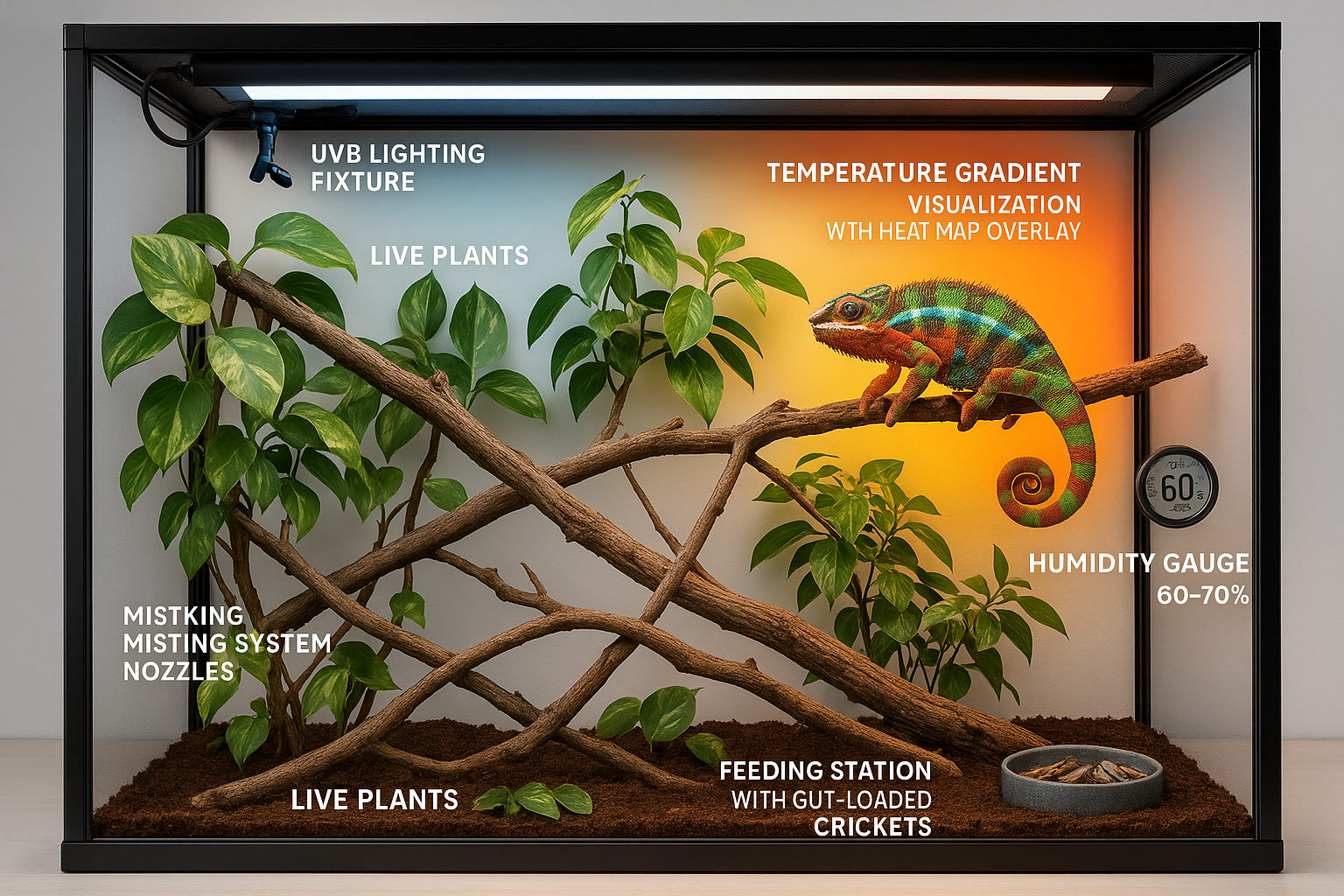 Professional terrarium setup landscape image (1536x1024) displaying complete panther chameleon habitat with UVB lighting fixture, MistKing m