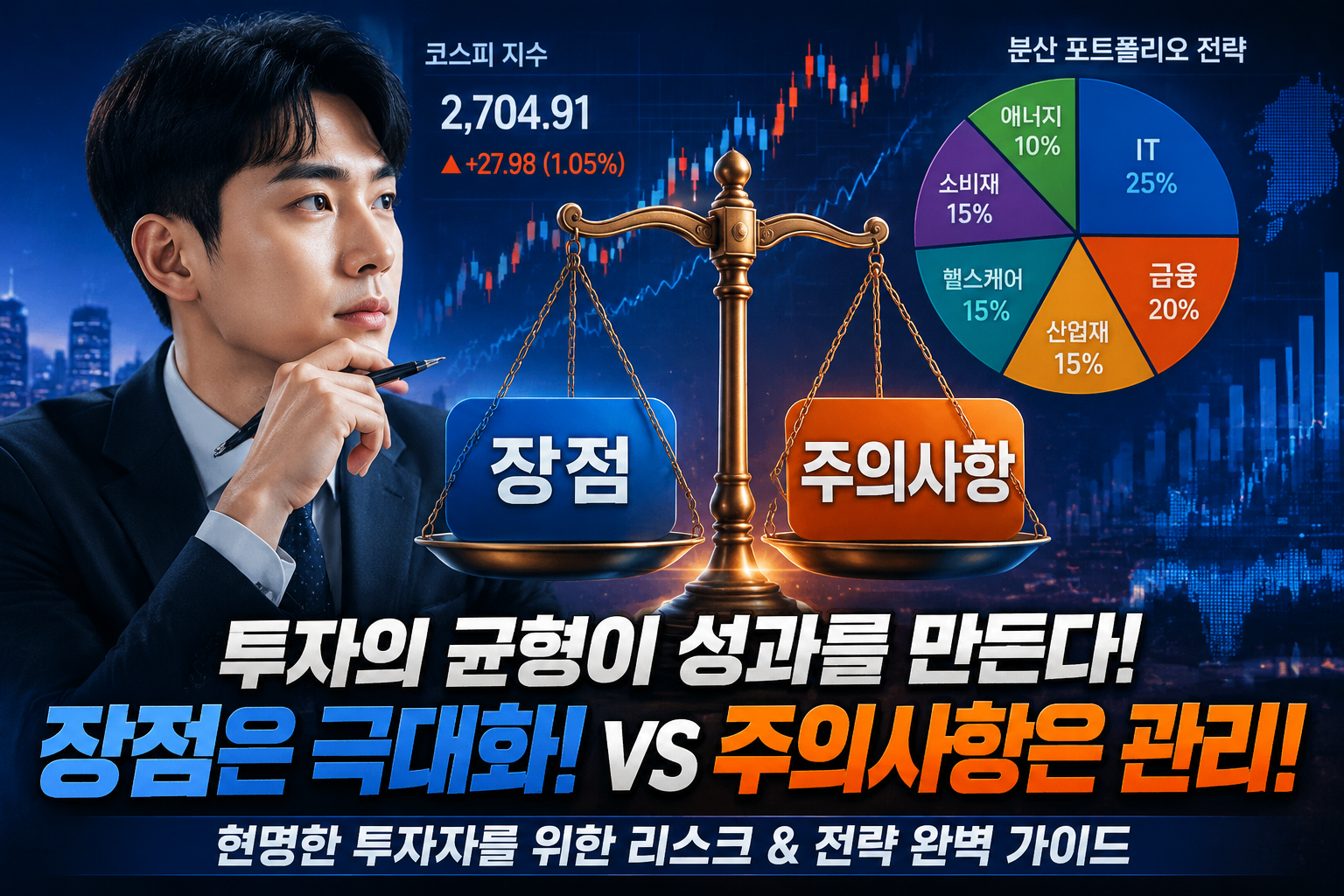 () risk and strategy concept illustration showing balanced scale with Korean text '장점' on one side and '주의사항' on other,