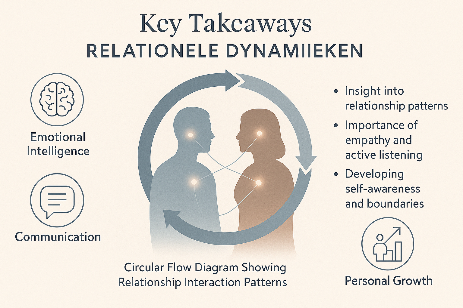 Elegant infographic visualizing 'Key Takeaways' for Relationele Dynamieken, featuring interconnected human silhouettes with glowing connecti