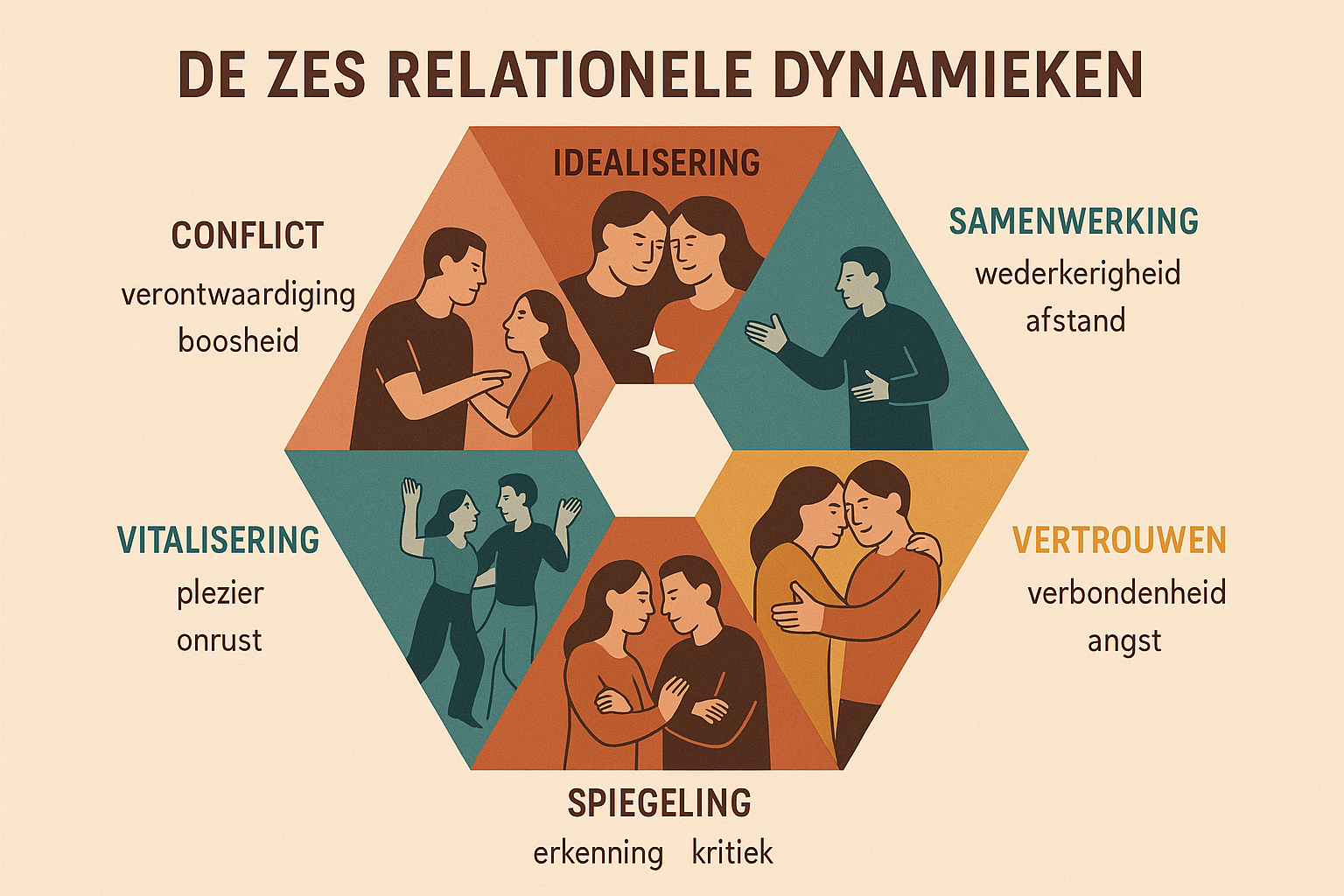Comprehensive visual guide to 'De Zes Relationele Dynamieken', featuring hexagonal diagram with six distinct relationship archetypes, each s