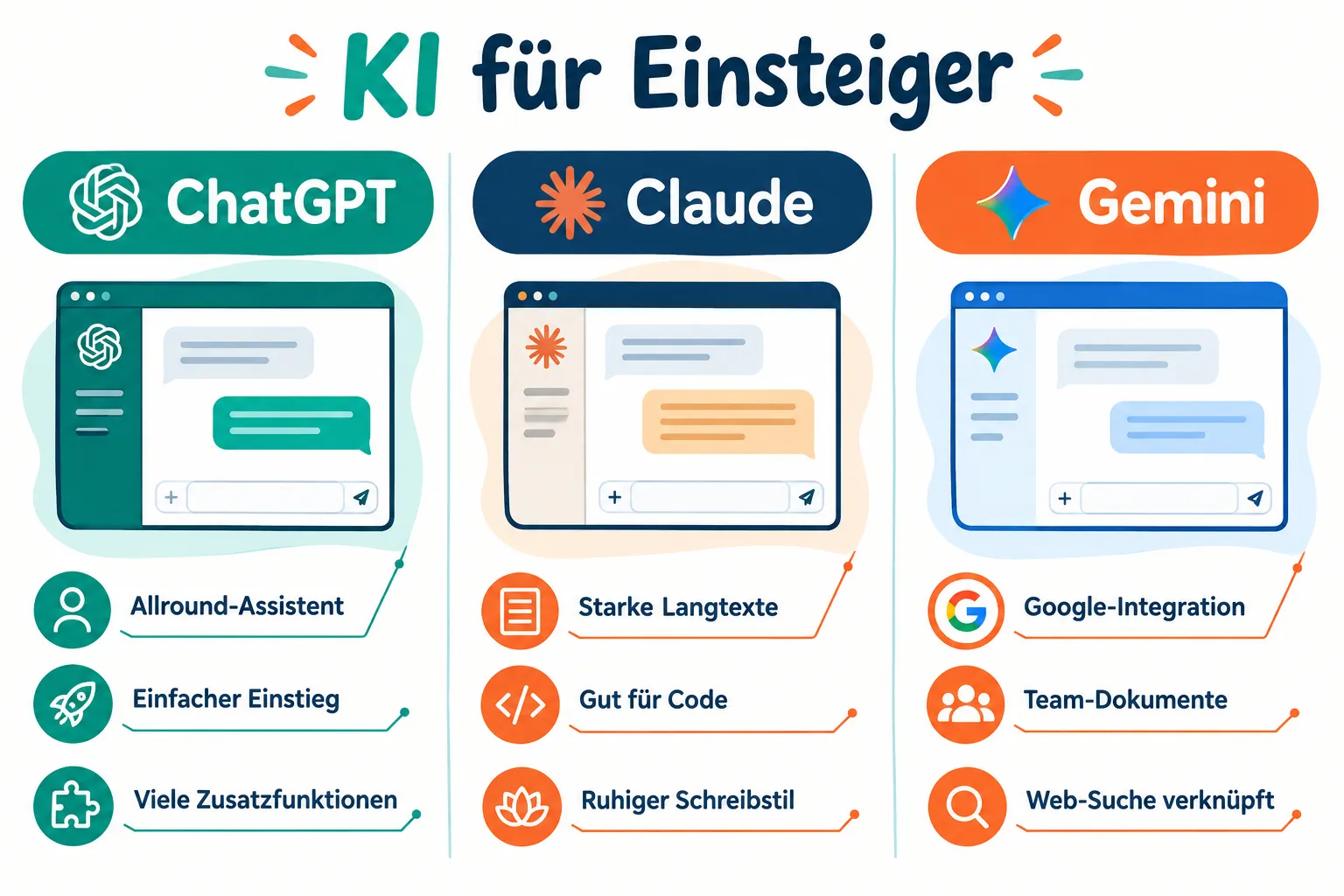 ChatGPT, Claude und Gemini im Vergleich: Welches Werkzeug passt zu KI-Einsteigern?