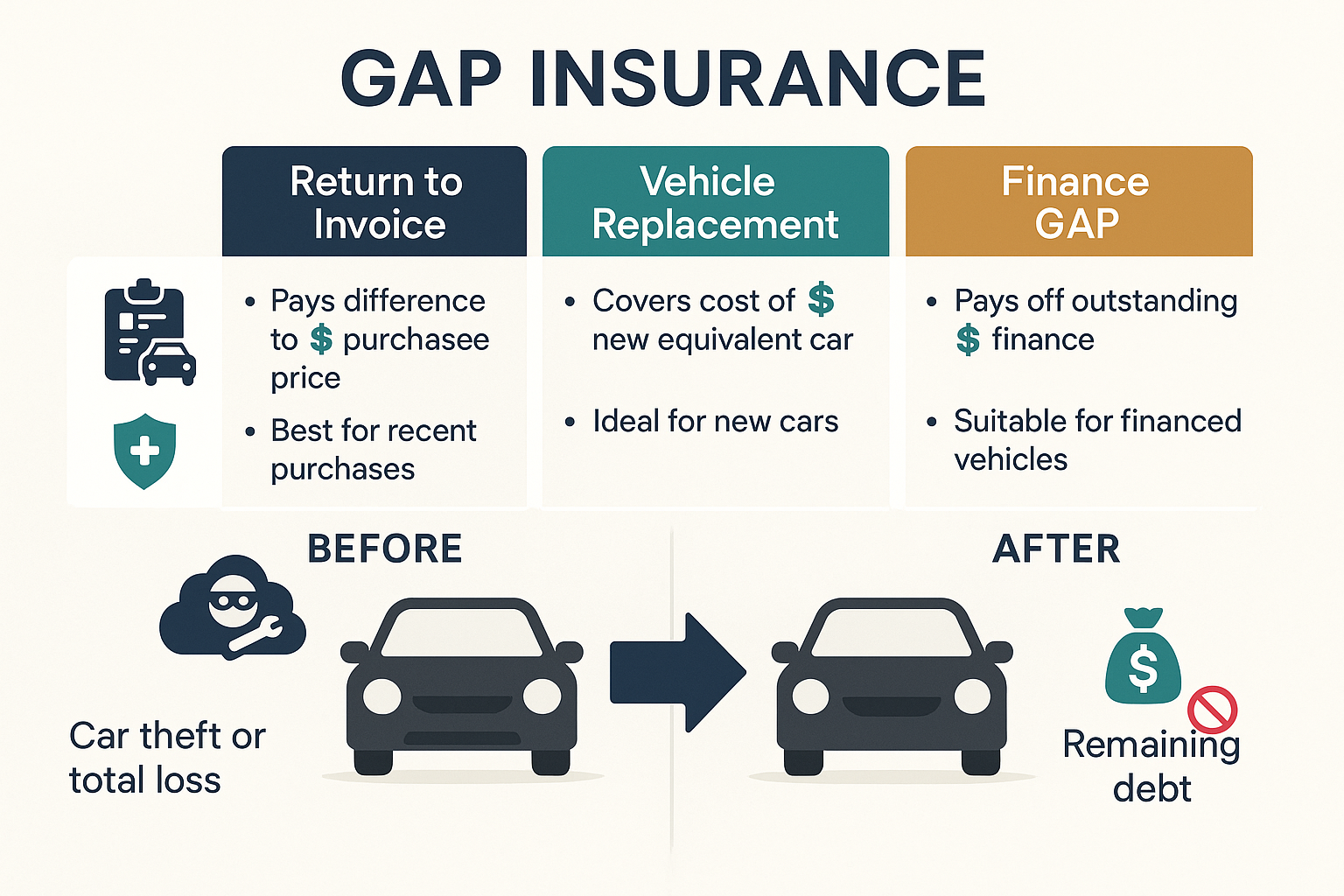 Bridging the Financial Chasm: Your Comprehensive Guide to GAP Car Finance Insurance in 2025 3 An infographic comparing different types of GAP insurance (Return to Invoice, Vehicle Replacement, Finance GAP) using distinct visual icons