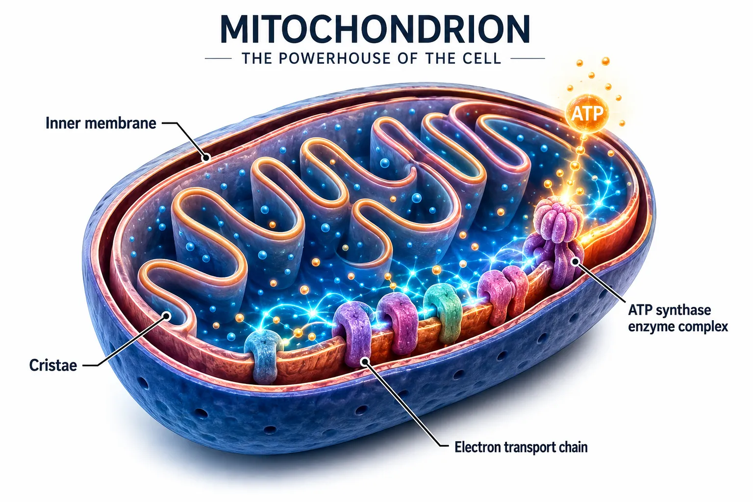 Bright editorial infographic-style landscape image () showing a detailed cross-section diagram of a mitochondrion with