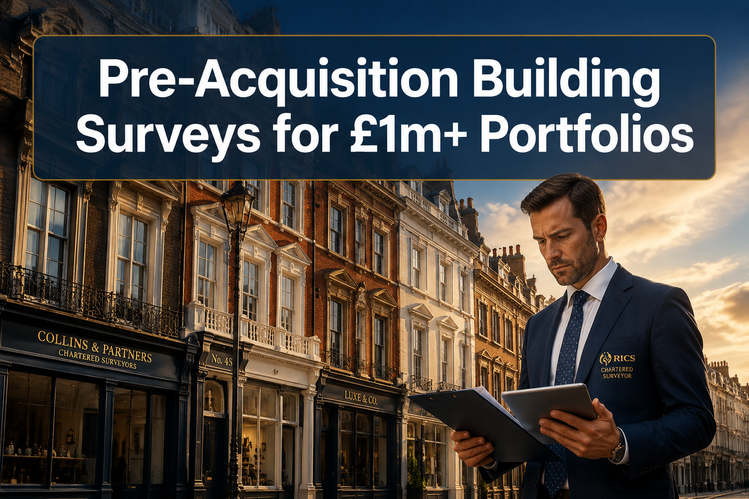 Professional () hero image with : 'Pre-Acquisition Building Surveys for £1m+ Portfolios' in extra large white with dark