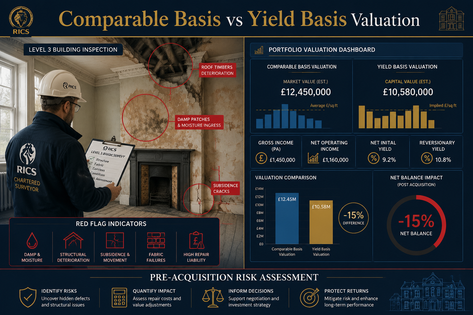 Detailed () infographic-style illustration showing a split-screen comparison: left side displays a RICS surveyor conducting